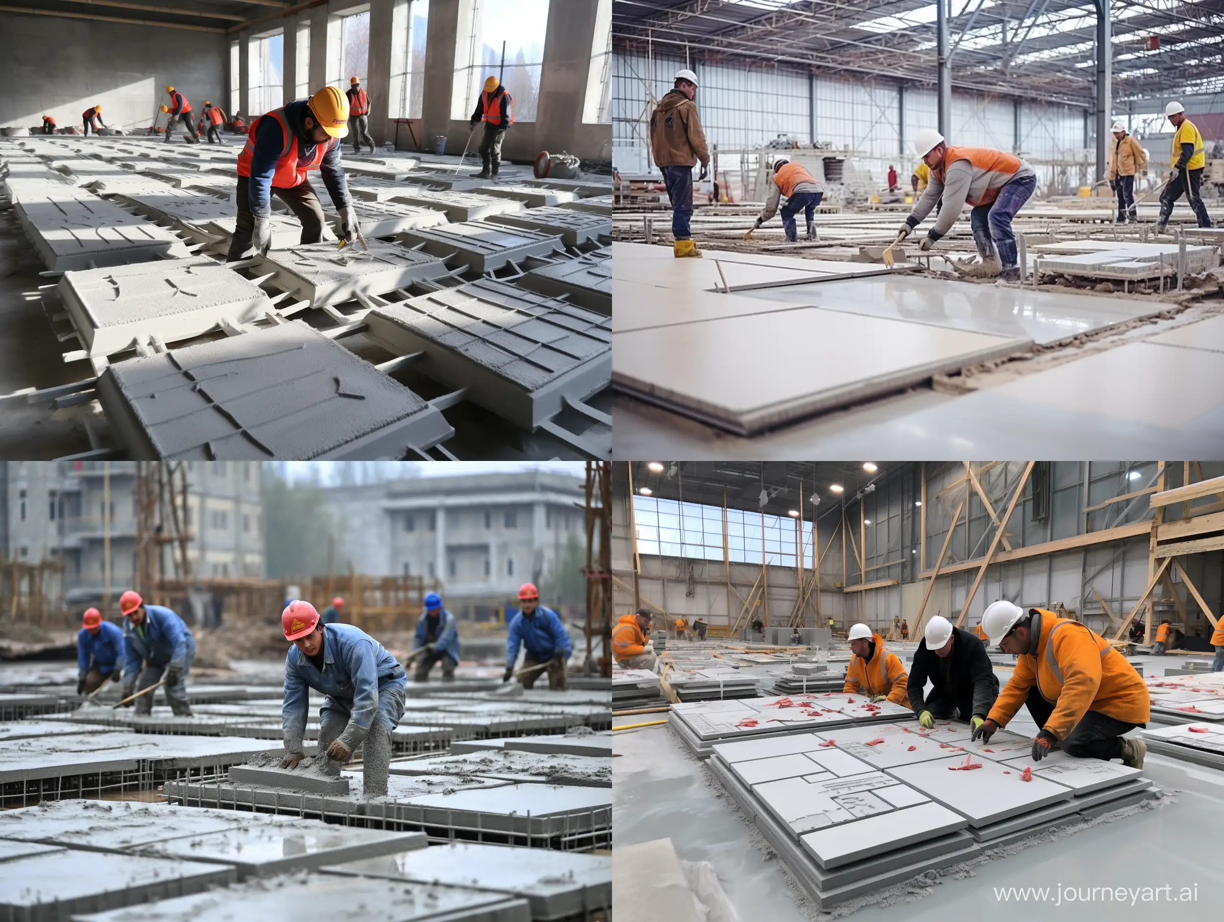 Slavs workers at the factory produce reinforced concrete products, floor slabs for panel houses
