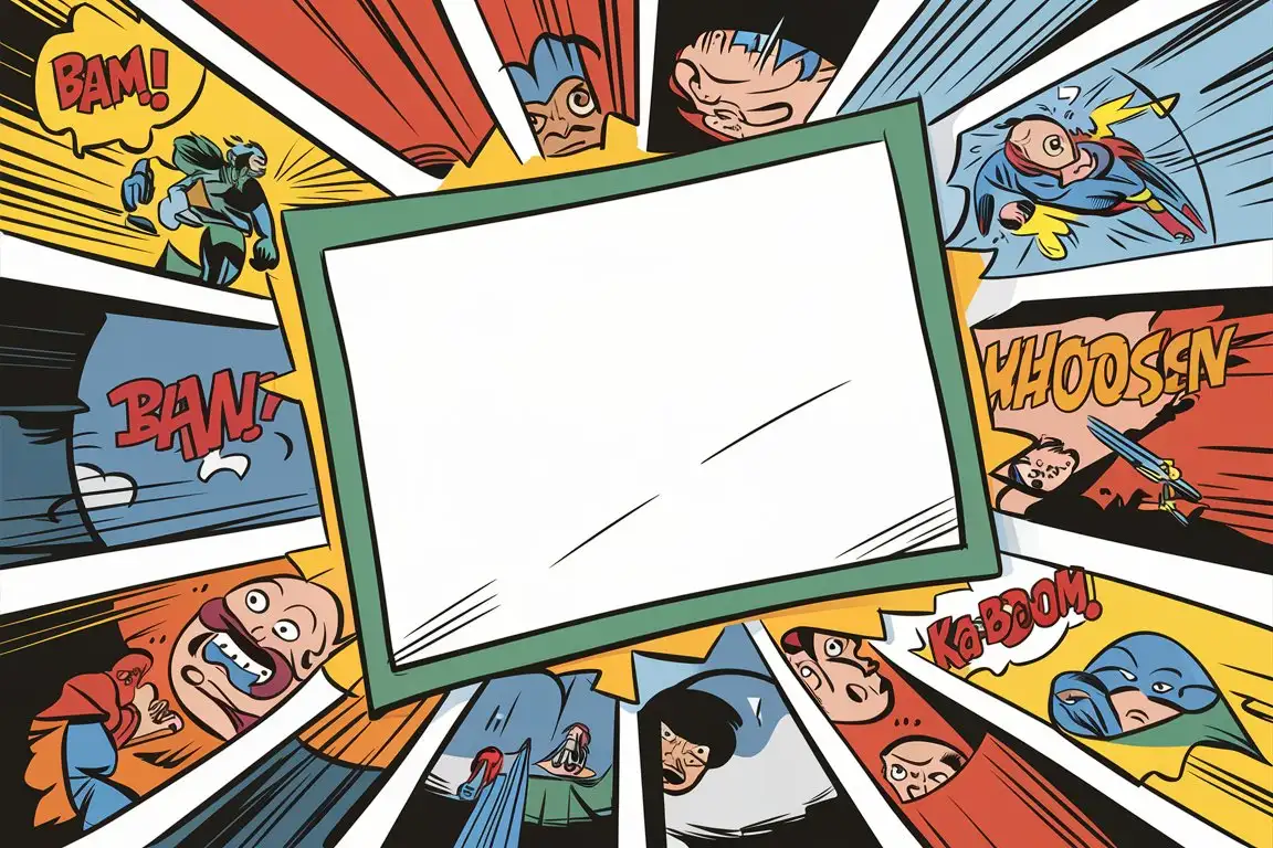 Dynamic Superhero Comic Postcard with Vibrant Action Scenes