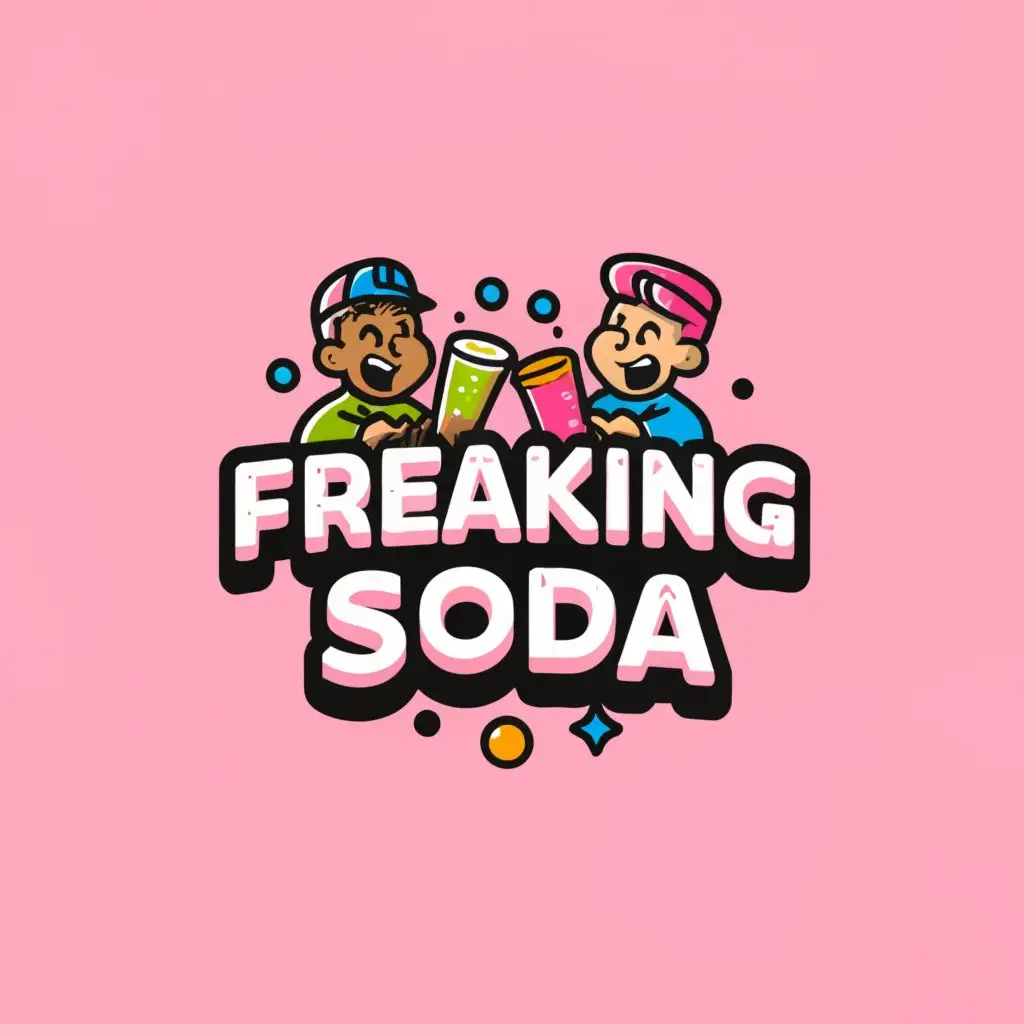 a logo design,with the text "Freaking soda", main symbol:Freakin people holding pink soda,Moderate,clear background