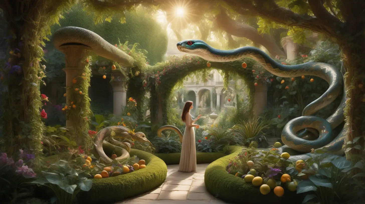 A breathtaking scene of a mystical garden with enchanting trees bearing fruits, birds gracefully navigating the air, and divine light casting a shimmering glow. In this magical setting, a woman engages in conversation with a large snake, weaving a tale of wonder and intrigue, inspired by the ethereal beauty and mysterious narratives found in enchanting gardens.