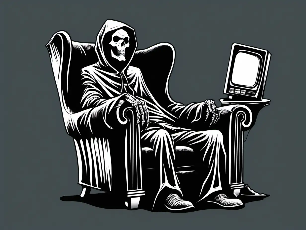  the grim reaper sitting in a wingback chair watching an old TV, in the style of Jim Phillips, black and white, stencil, minimalist, simplicity, vector art, negative space, isolated on black background --v 5.2