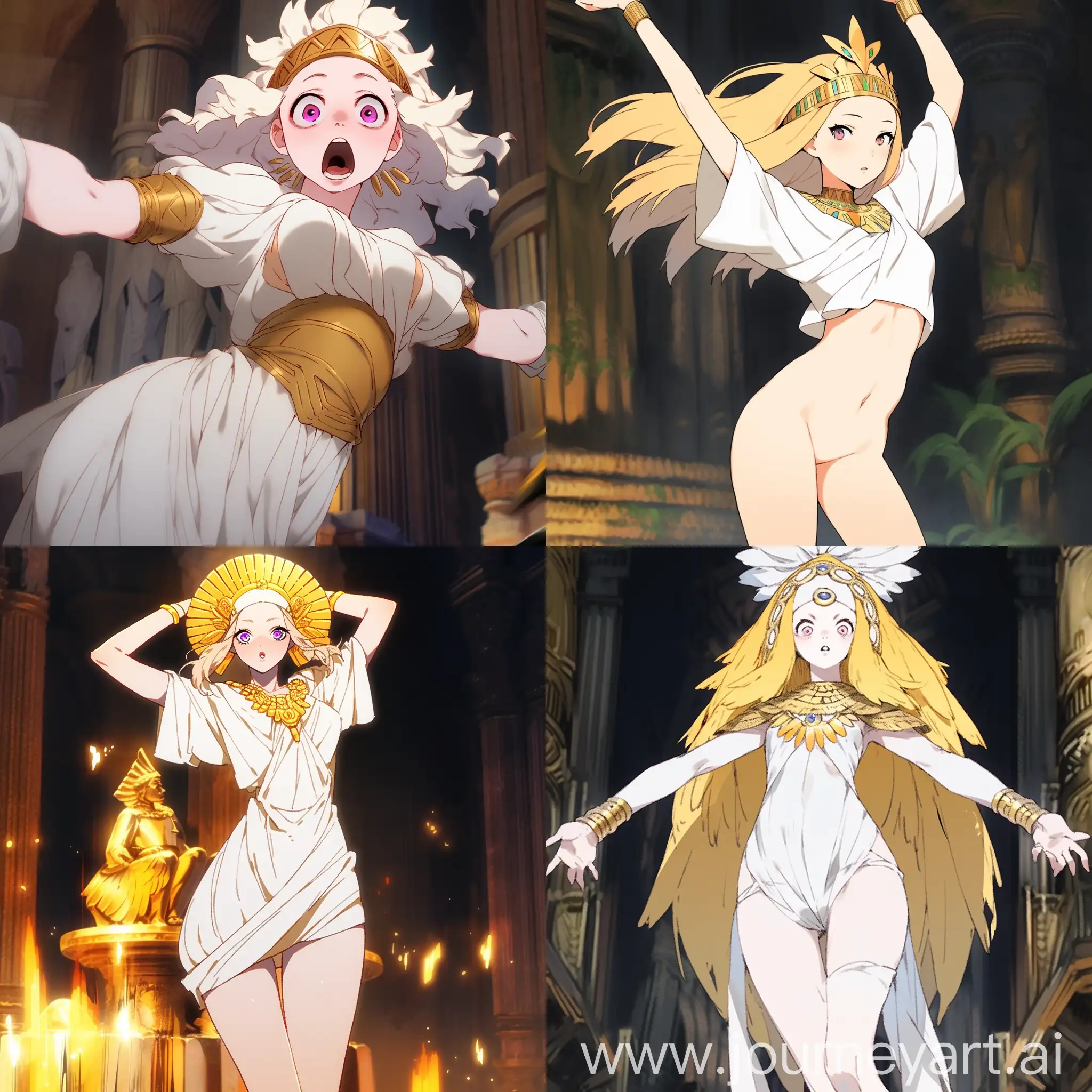 masterpiece, platinum blonde hair,yellow eyes,straight medium hair, forehead, white outfit, ancient babylonian clothing, dynamic pose, cinematic lighting, in market place, artistic --niji 5 --style expressive