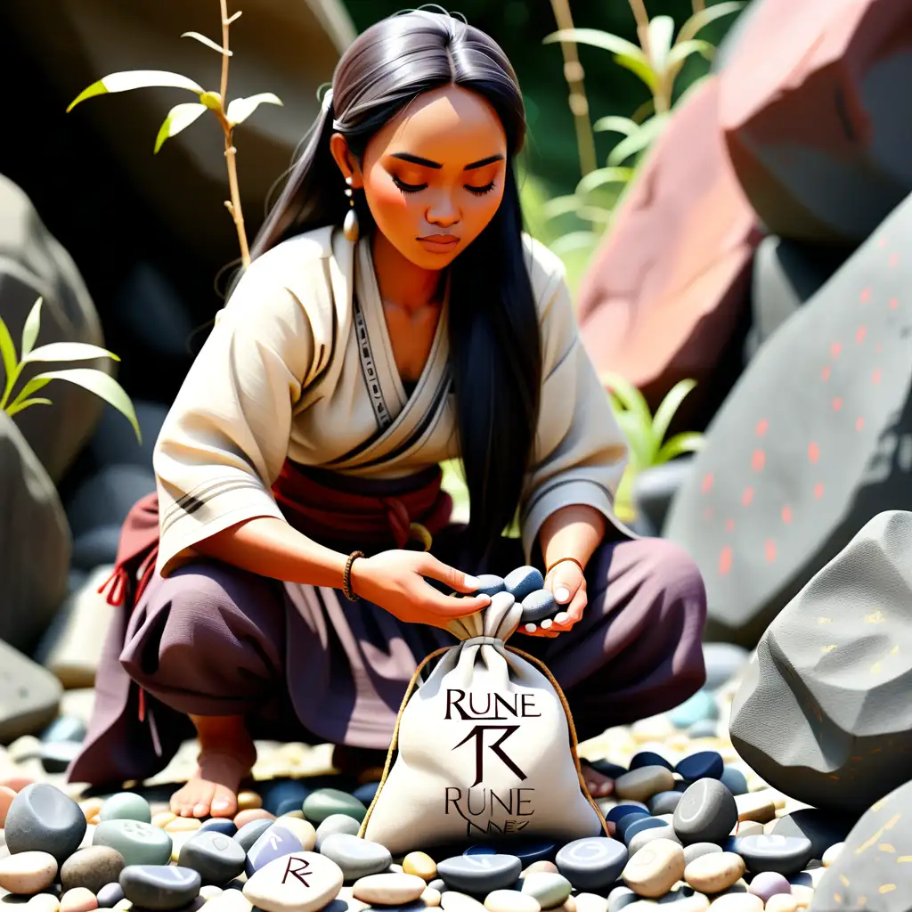 A cloth pouch with text "RUNE",  beautiful Indonesian woman collecting stones holding open pouch, rune stones