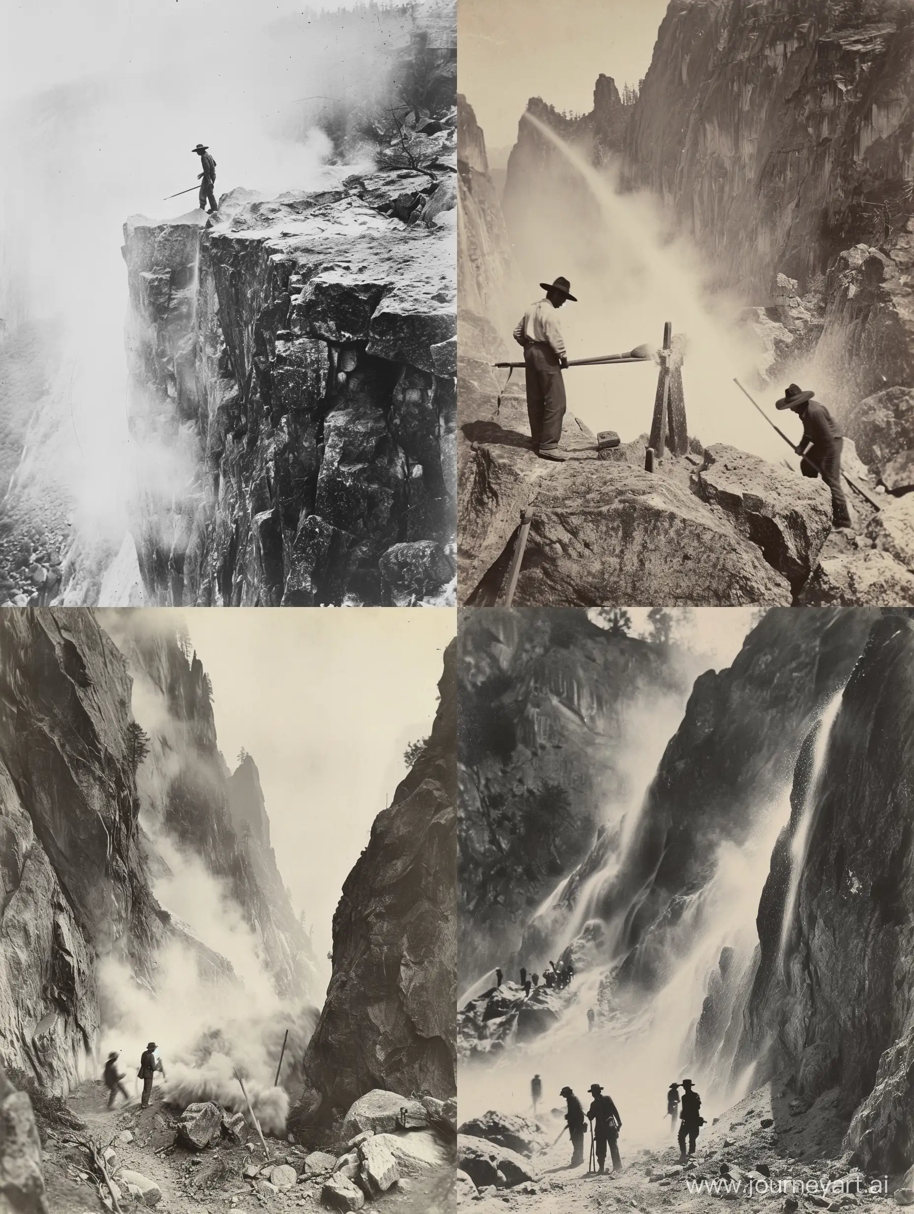 Historical black and white photographs depicting a Chinese worker's blasting powder at Yosemite in the late 1800s, without figure.