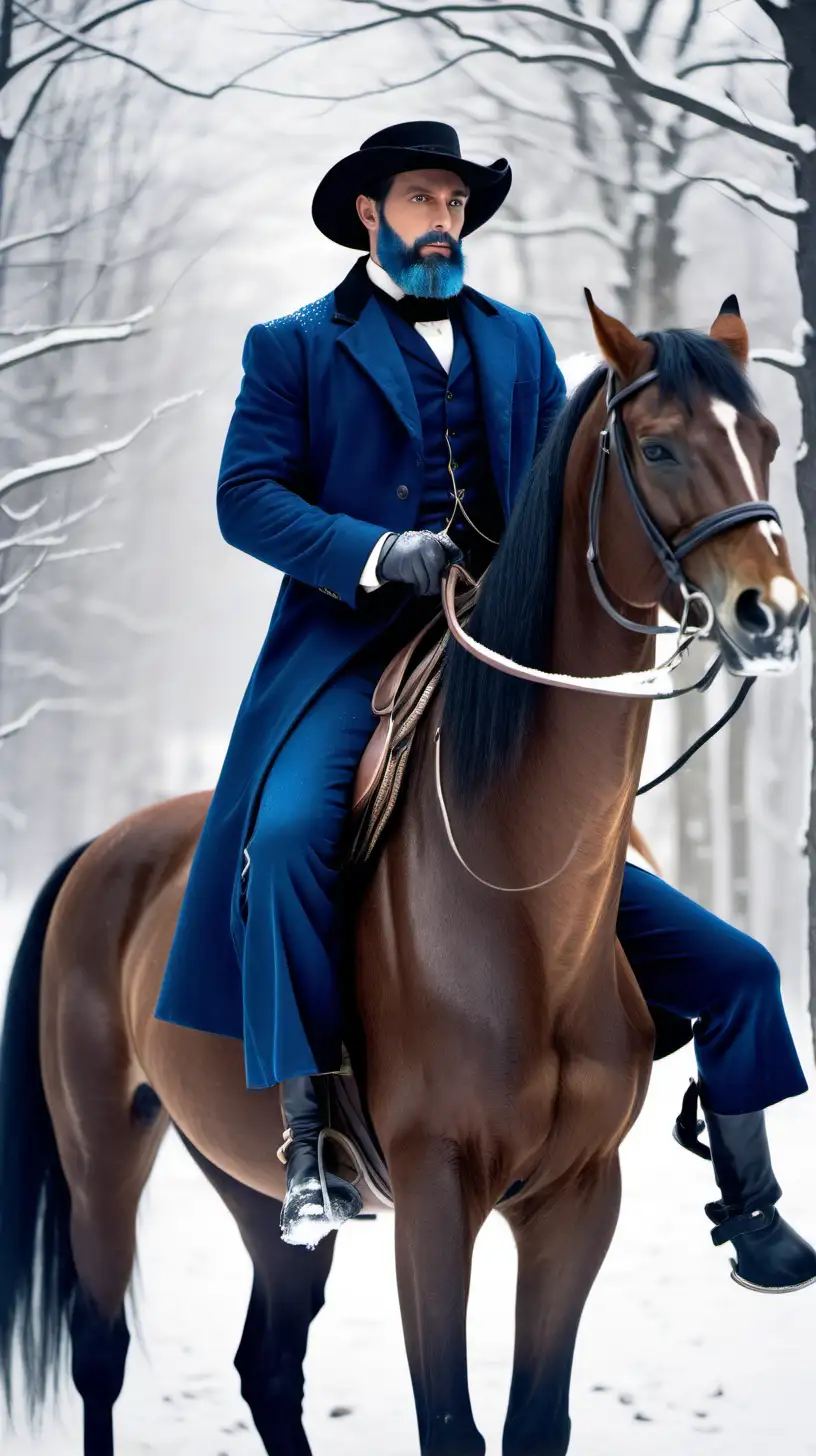 Stylish Bluebeard Riding Majestic Horse Through Snowy Landscape