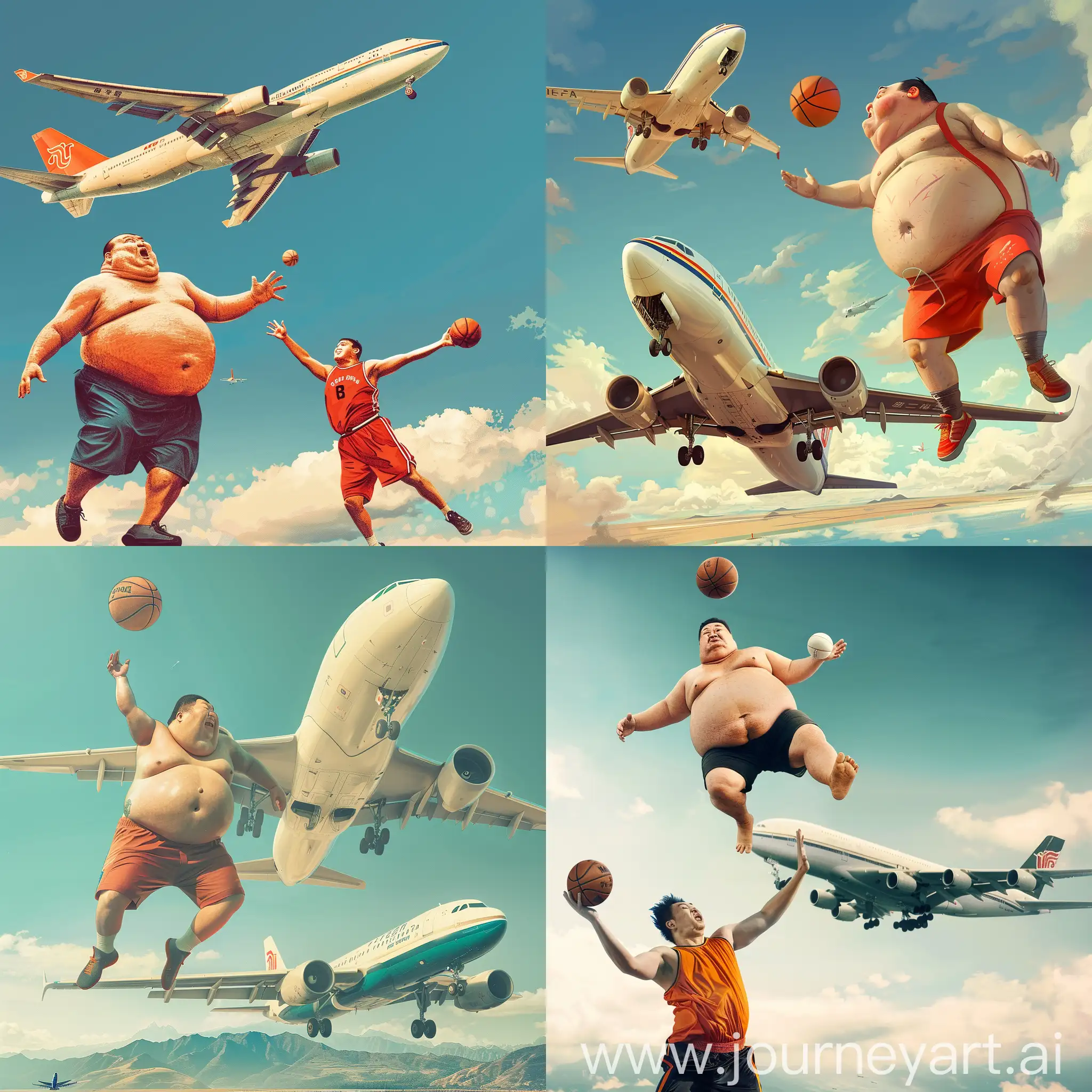 Chinese-Fat-Man-Playing-Basketball-While-Flying-Over-Airplane