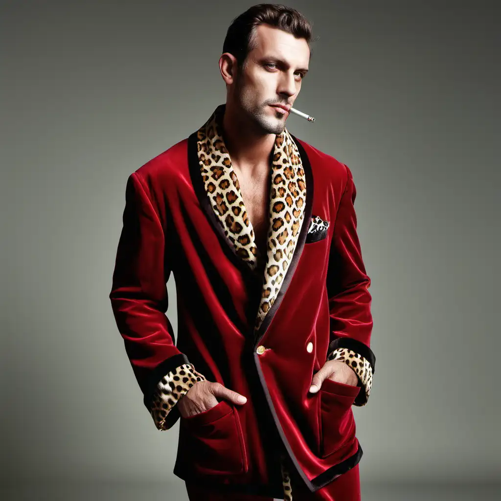 Stylish Man in Red Velvet Smoking Jacket with Leopard Print Trim