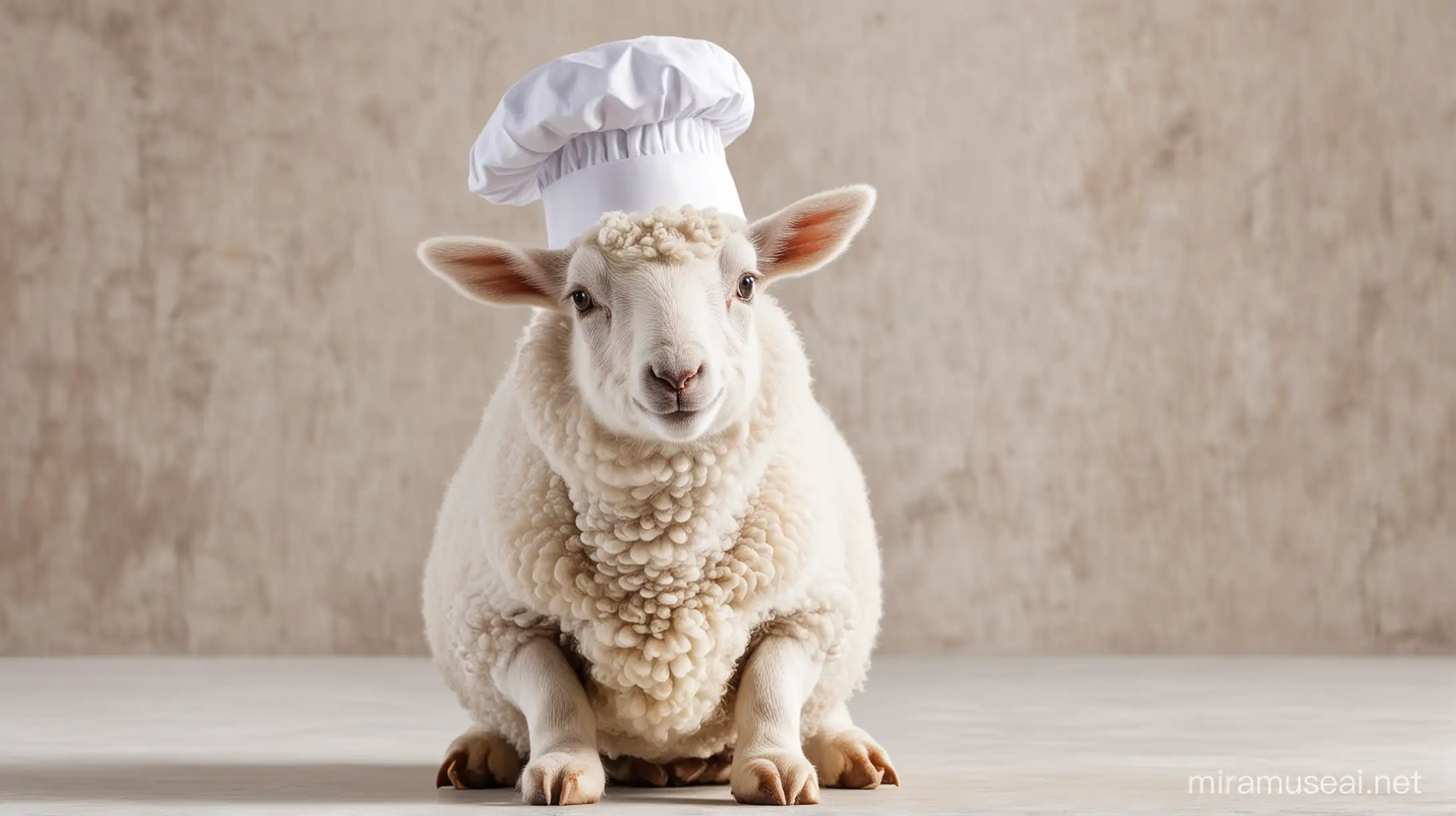 Charming Lamb in Chefs Hat Cooking in a Rustic Kitchen