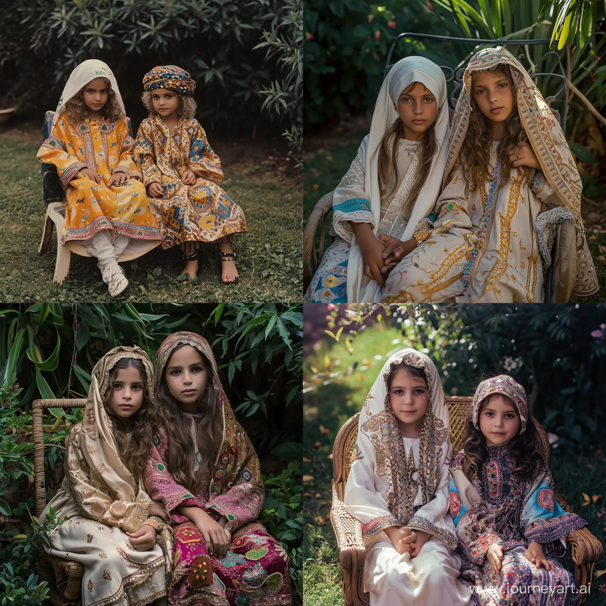 Two girls sitting on a garden chair, wearing moroccan traditional djellaba