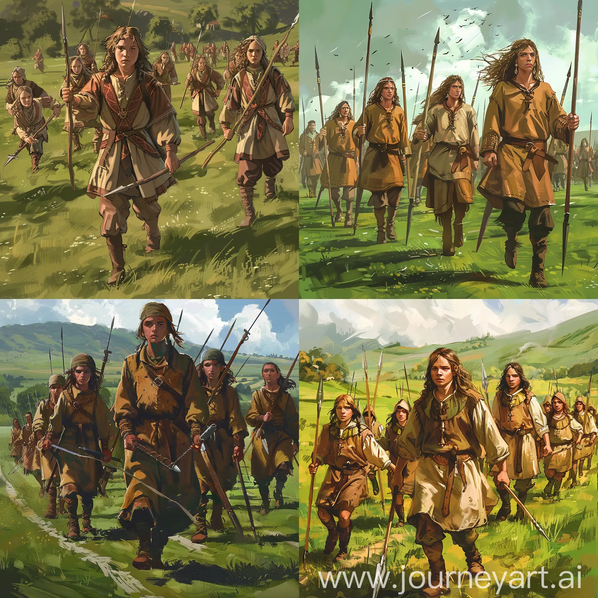 Medieval-Peasant-Warriors-Marching-Across-Verdant-Field