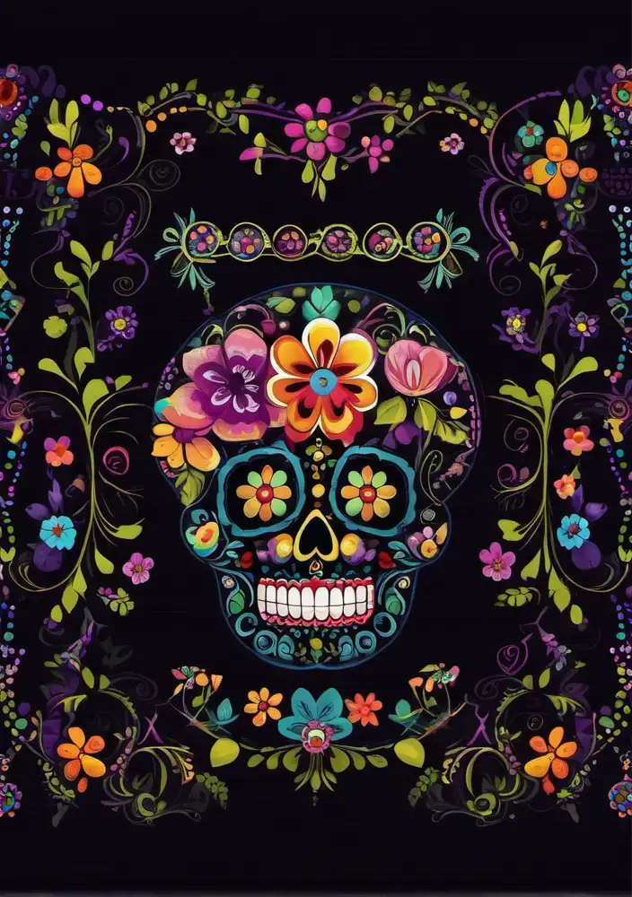 Very defined Colorful Happy Funny Sugar skull with flowers and flower border with no writing