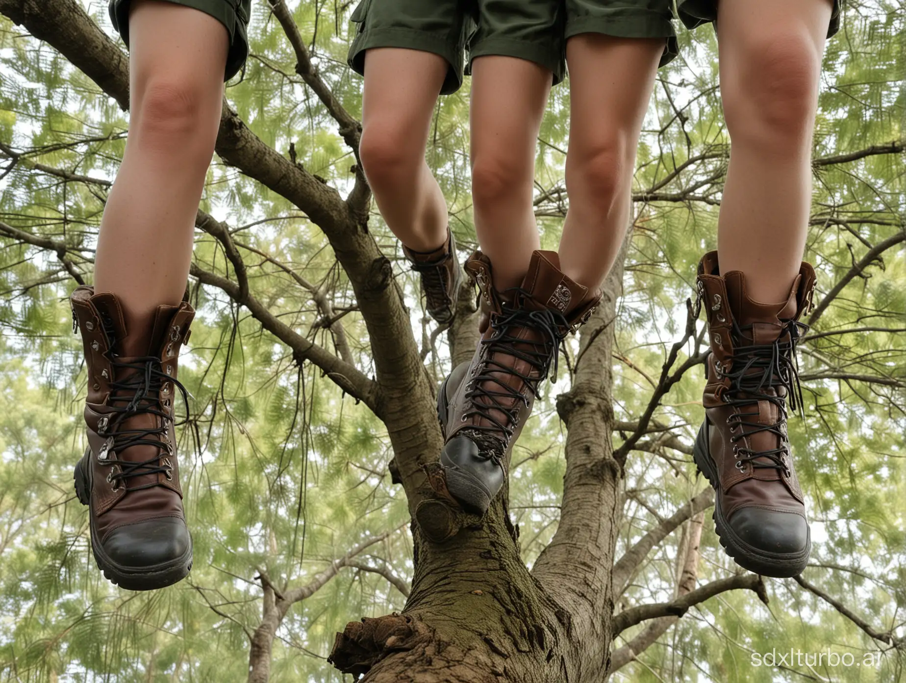pathfinder boys sit on a tree branch with their legs dangling towards the camera, close-up low angle picture from below