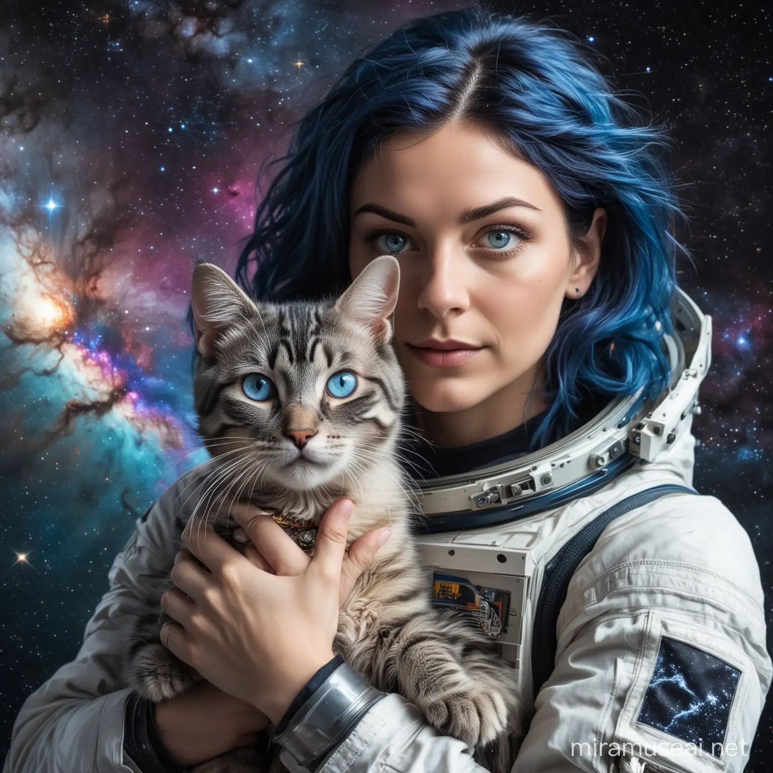 Caucasian woman with dark blue hair and blue eyes in space holding a tabby cat