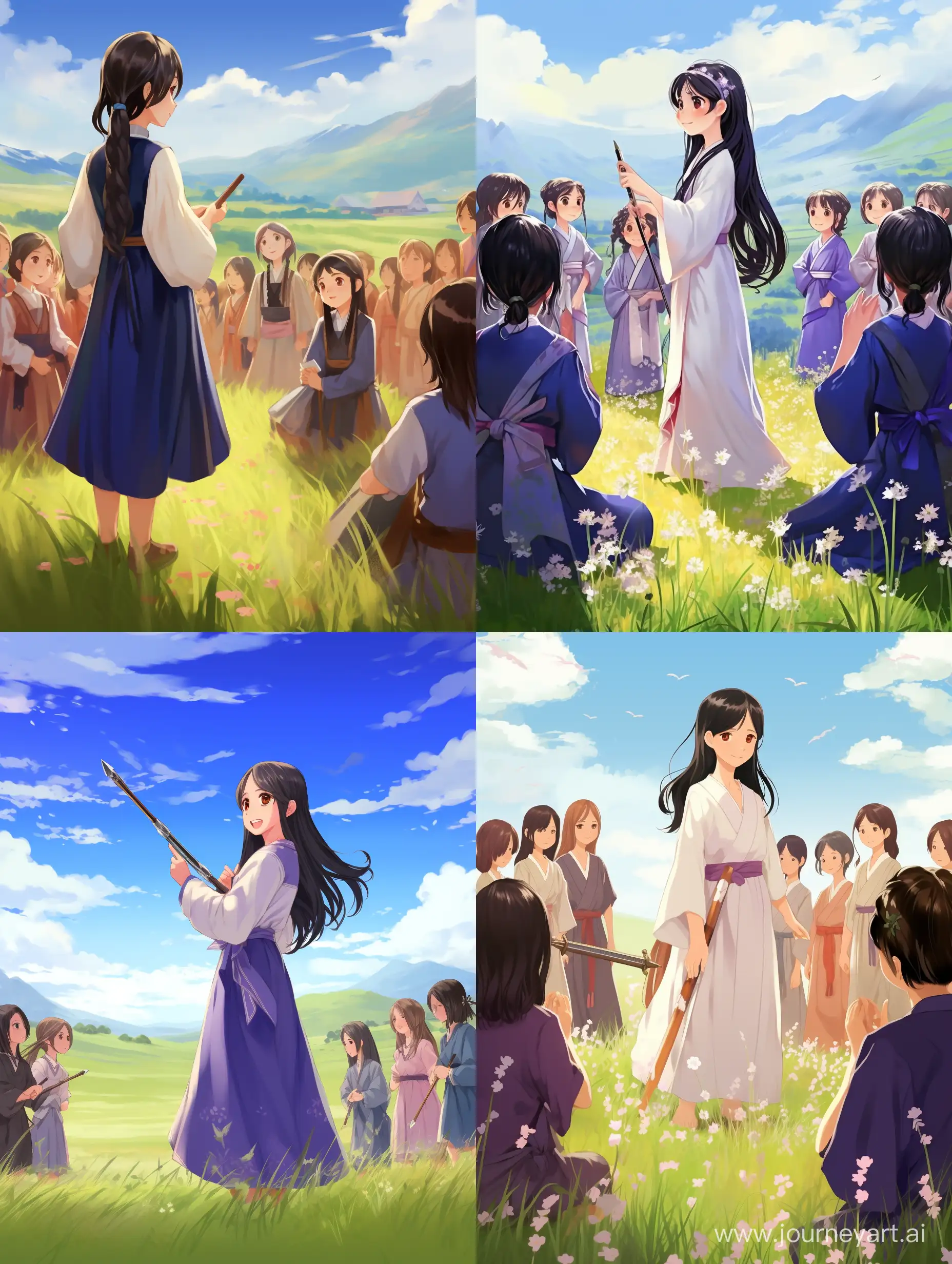long black haired beautiful girl wears a fit clothes with a purple kimono, stands on a training field, in front of group of children students each of them wears a training traditional clothes. there is a long wooden stick in her hand, she talks to the children, a manga style art