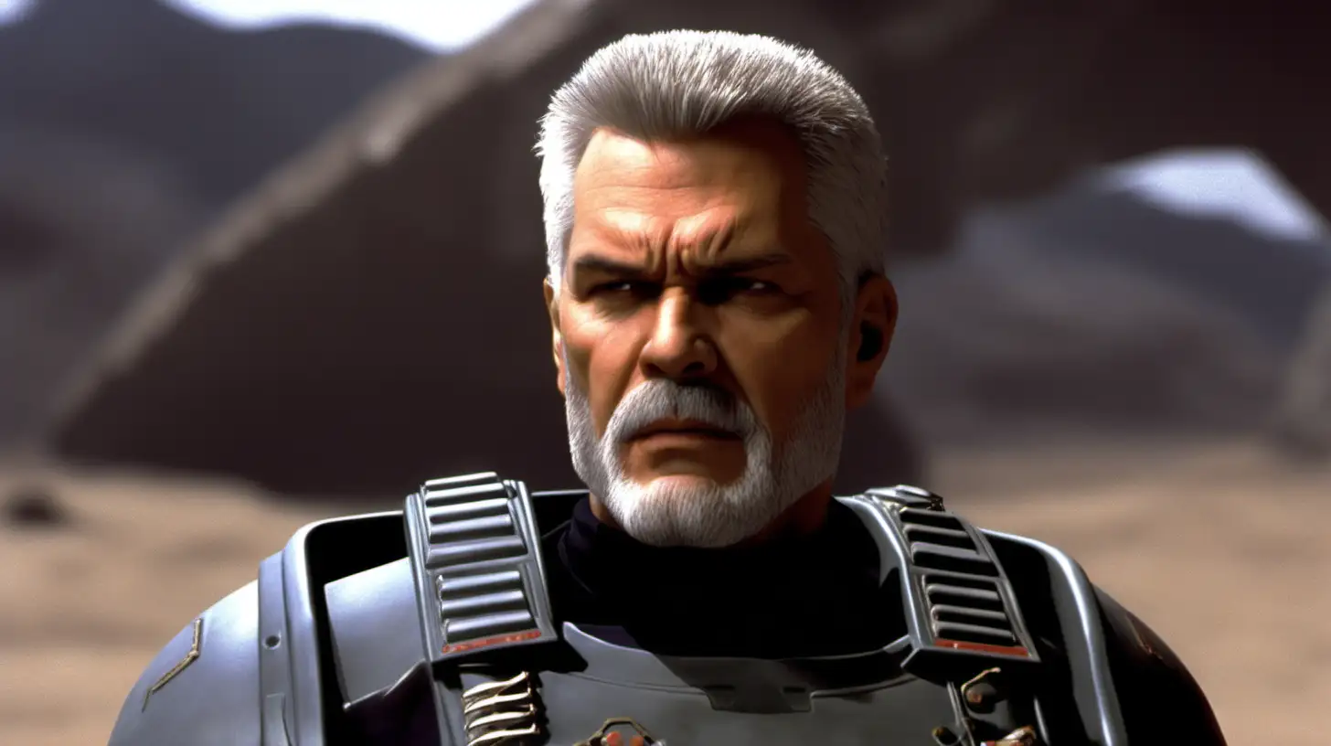 a grey haired male space marine with very short hair and a short grey beard, in the style of the movie starship troopers in the background