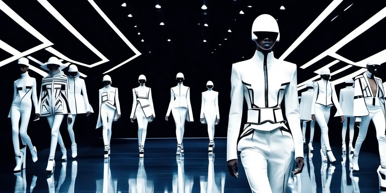 futuristic abstract black and white outfits on a dark black and blue runway