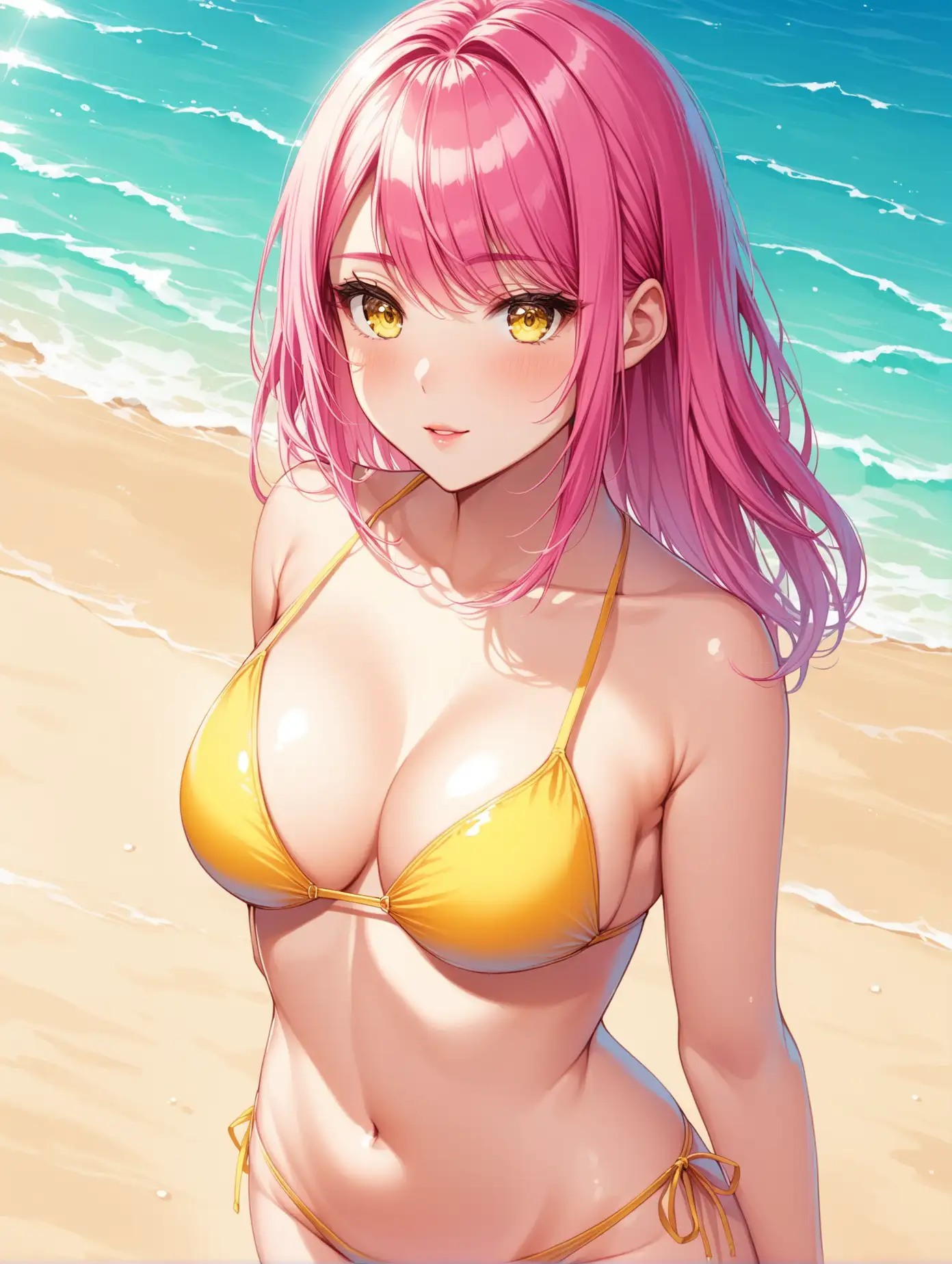 Sensual Woman with Pink Hair and Yellow Eyes in Swimsuit