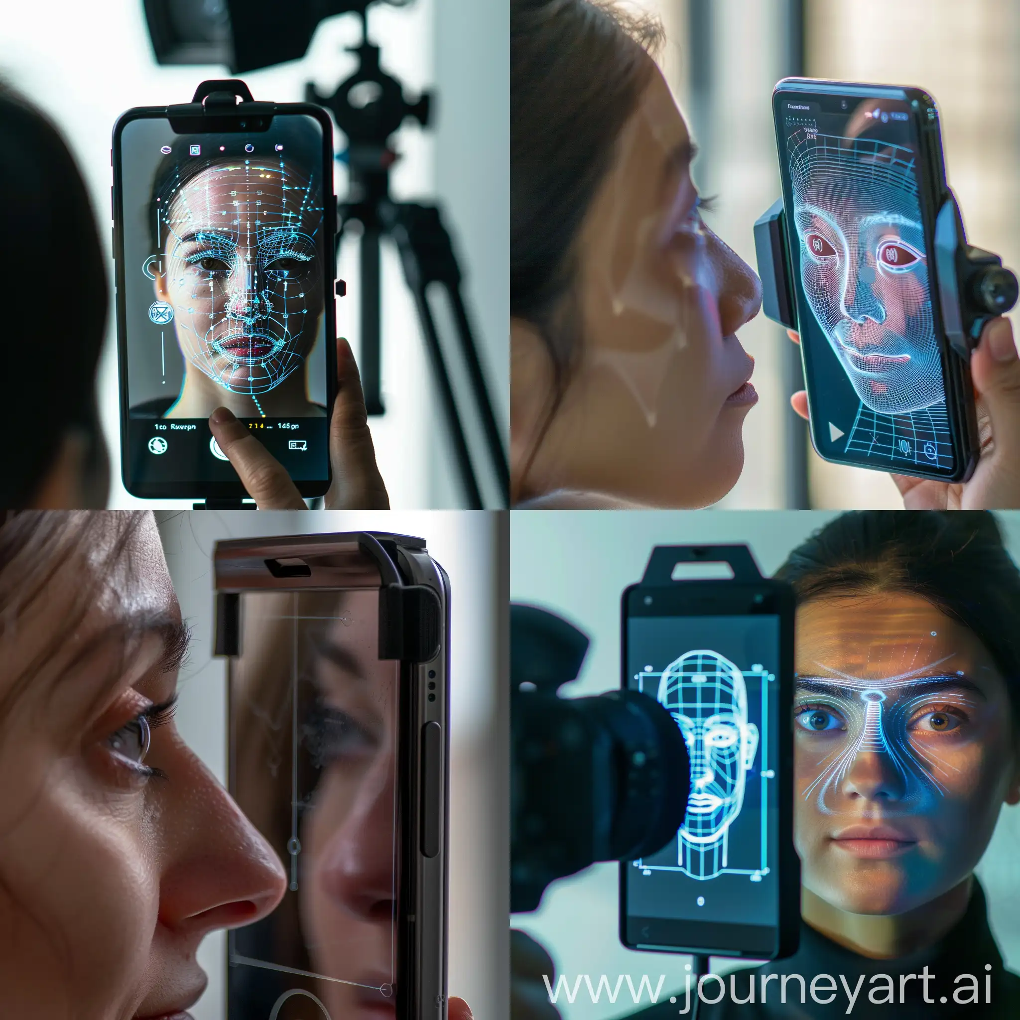 a person's face scanning on smartphone, face of the person, smartphone facing the person, camera angle behind smartphone, hd