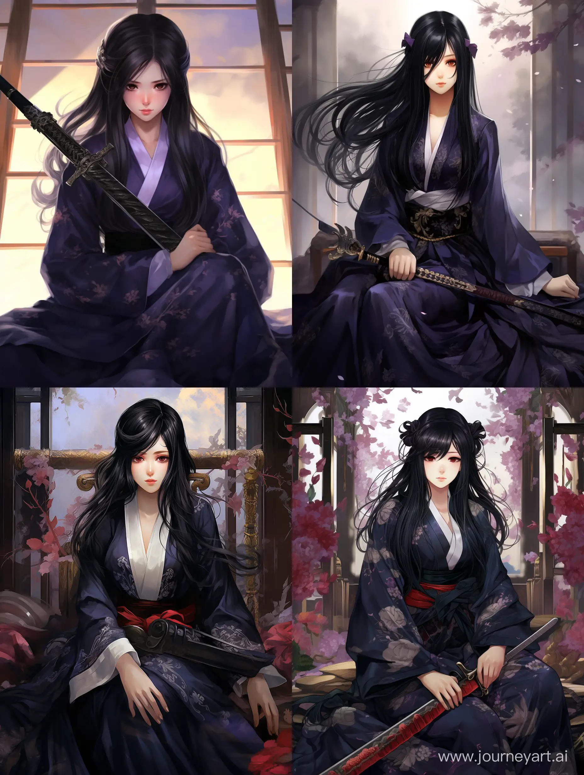 long black haired beautiful girl in a formal clothes underneath a traditional black kimono, purple eyes, katana held in her hand, placed on her knees, she sits half turned to a viewer, confident look, traditional japanease background, anime style art, jujutsu kaizen style art