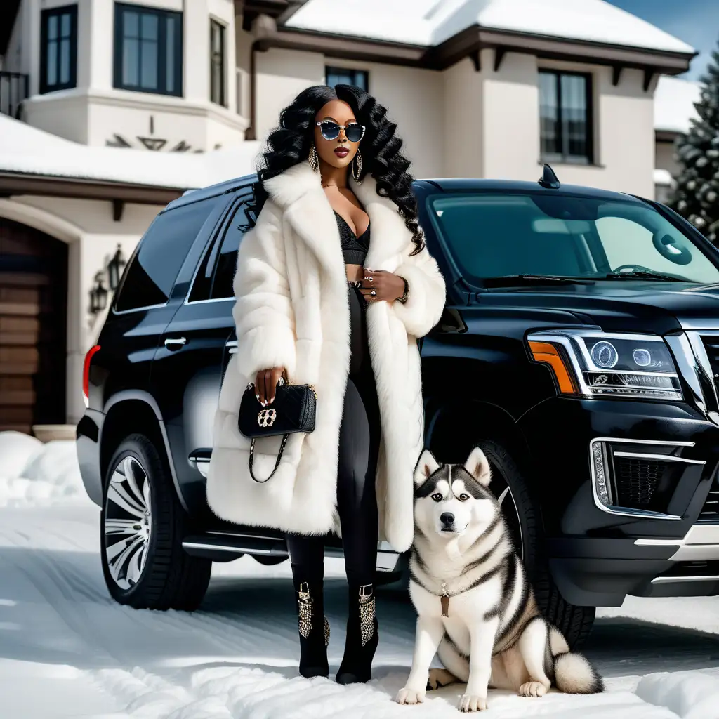 An realistic beautiful
Black woman wearing beautiful black colored long body wave hairstyle,  outside in front of her beautiful luxury home in the winter time standing in front of her luxury SUV Truck next to her beautiful all white husky dog. She is wearing luxury clothes wearing a full length mink coat and luxury boots and hand bag, wearing luxury sunglasses