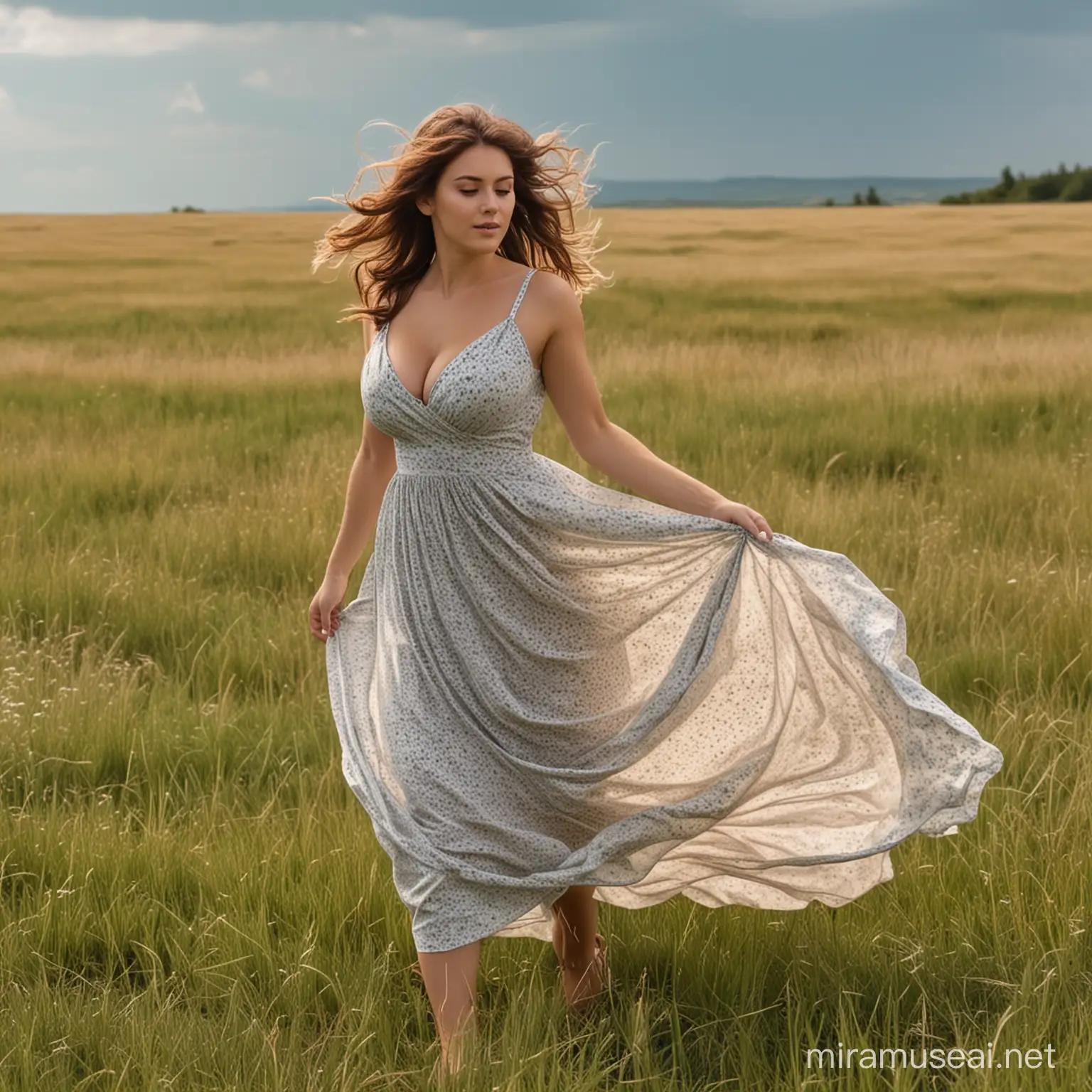 busty girl with a beautiful dress walking on a grass field with the wind in her hair