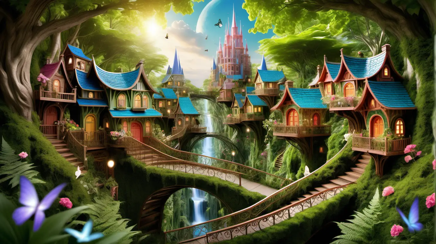 Capture the enchanting vista of a grand and elevated fairy city gracefully perched amidst the lush foliage of spring. Frame your shot through a vibrant cluster of ferns, guiding the viewer's gaze towards a breathtaking sight—an expansive and intricately designed fairy metropolis elevated within the sprawling branches of majestic trees. In the embrace of spring, envision a vibrant tapestry of blossoming flowers, fresh leaves, and an abundance of greenery that adorns the surroundings. The fairy city should boast elevated walkways, bridges, and platforms intricately woven into the verdant canopy, suggesting a bustling life within this magical realm. Embrace the lively and vibrant colors of spring—soft pastels, budding flowers, and lush greens—creating a picturesque backdrop for this elevated fairy city. Let the play of sunlight filtering through the fresh leaves highlight the intricate details of the miniature structures, accentuating their charm and grace. Invite observers into a realm where creativity soars, where the magic of spring rejuvenates the whimsical fairy city perched high amidst the vibrant foliage. This photograph should evoke a sense of marvel and transport viewers into a world where the elegance of elevated architecture meets the exuberance of spring's natural beauty