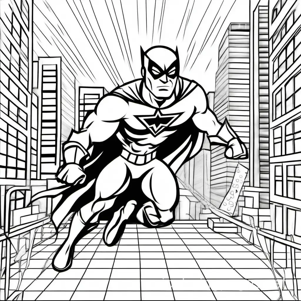 "Craft a scene with a superhero to detect the danger.", Coloring Page, black and white, line art, white background, Simplicity, Ample White Space. The background of the coloring page is plain white to make it easy for young children to color within the lines. The outlines of all the subjects are easy to distinguish, making it simple for kids to color without too much difficulty