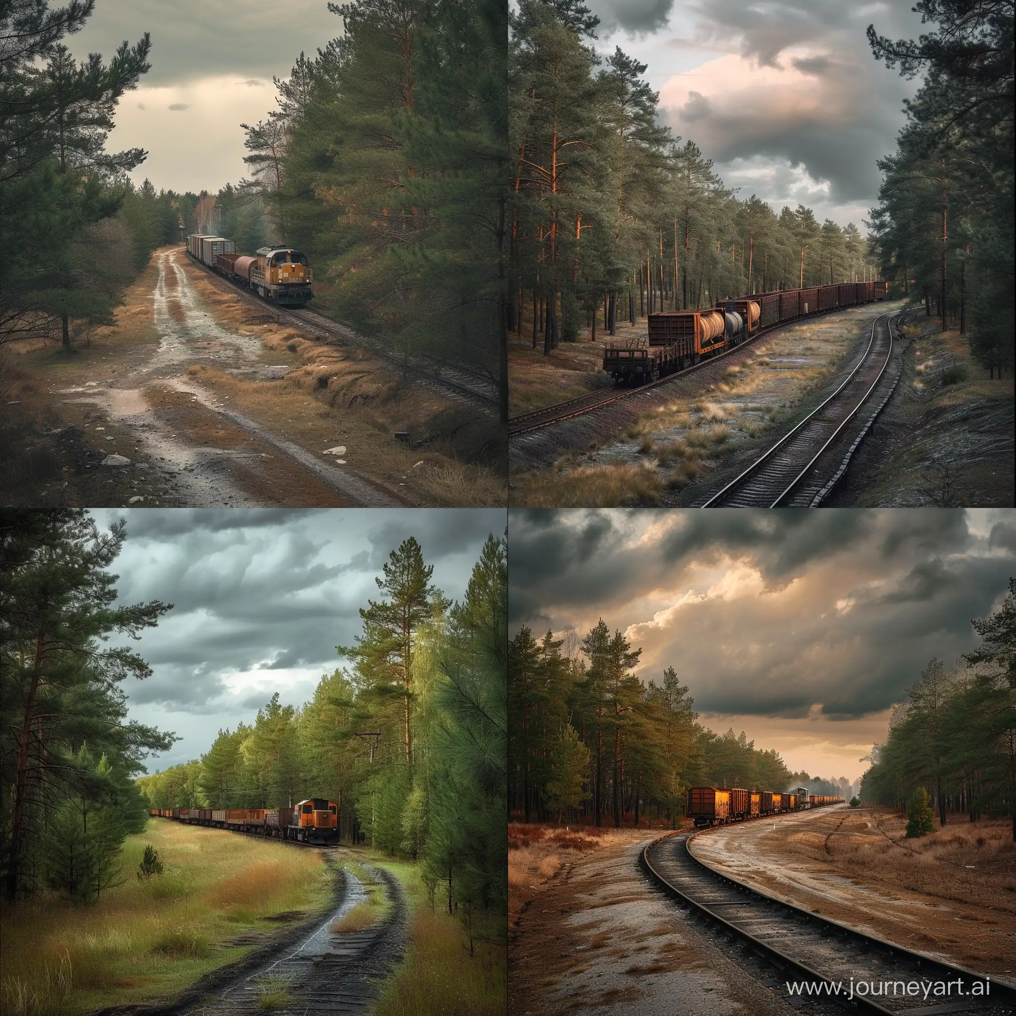 Freight-Train-Journey-Through-Cloudy-Pine-Forest