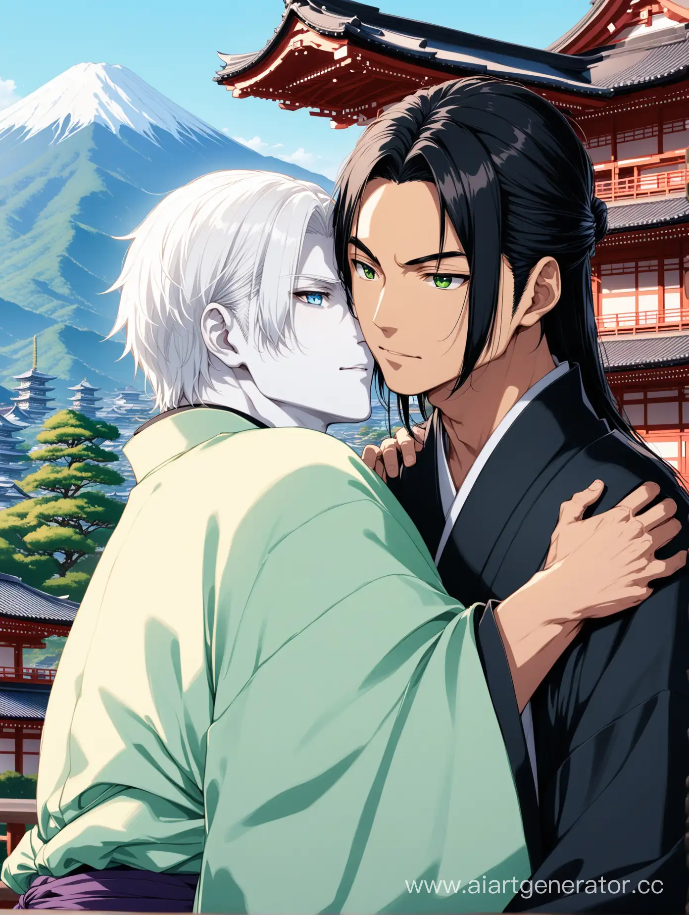 Изображение двух парней азиатов, обнимающихся на фоне японских храмов и гор. У первого парня короткие белые волосы и голубые глаза и высокий рост и белая кожа, у второго парня - длинные черные волосы и зеленые глаза. Оба парня одеты в традиционные японские кимоно