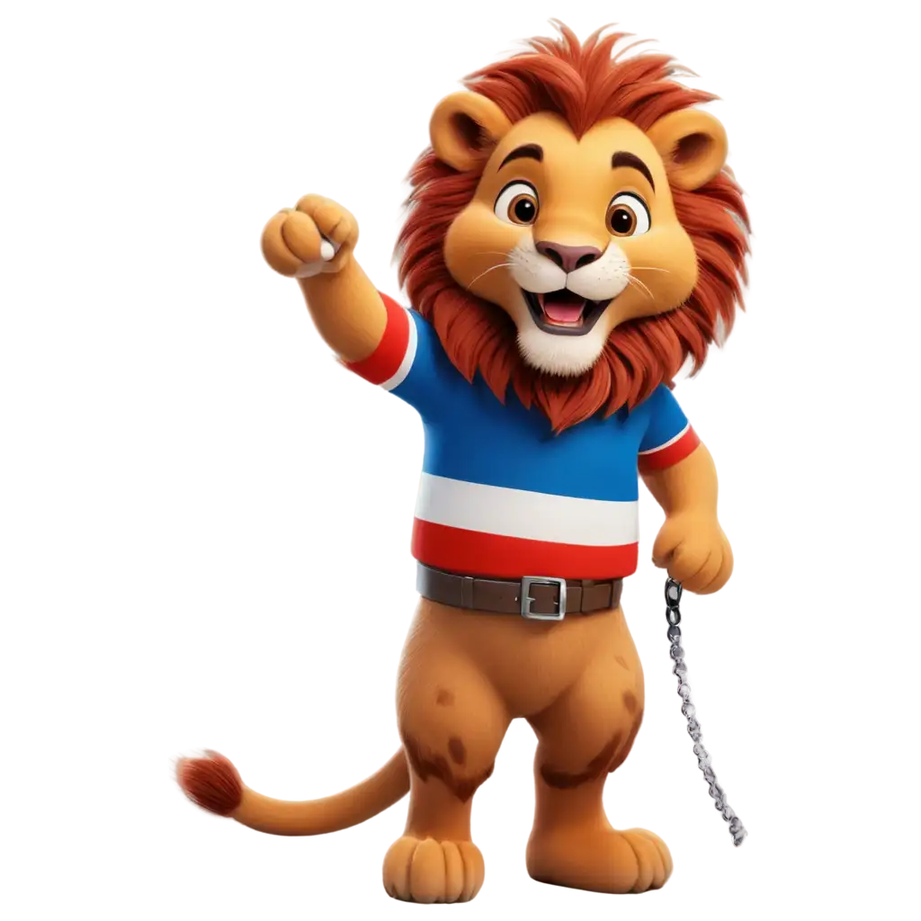 smiling lion on a leash wearing clothes with blue, white and red stripes