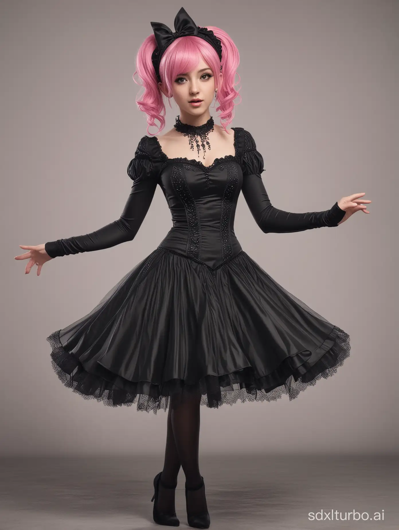 a cute girl with black and pink hair, wearing black gothic dress and black tights, dancing, photorealistic,high quality, high details, lovely, adorable