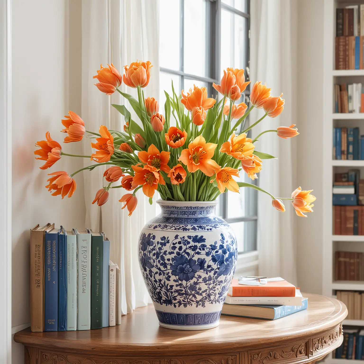A blue and white chinoiserie round vase filled with orange parrot tulips on a console with books an other decor.  a window and white walls are behind it