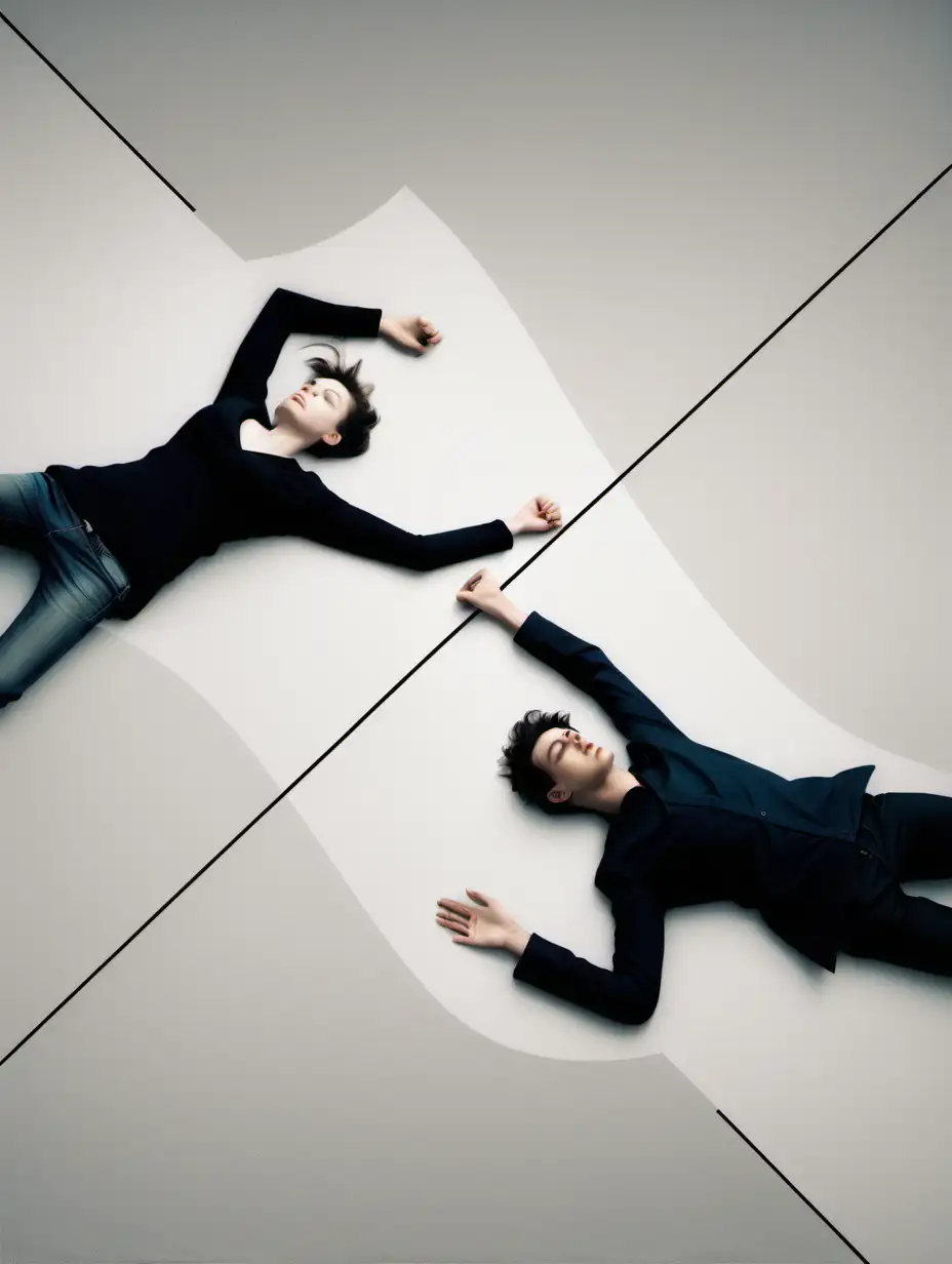 Abstract picture of two people right angles to each other with one lying down
