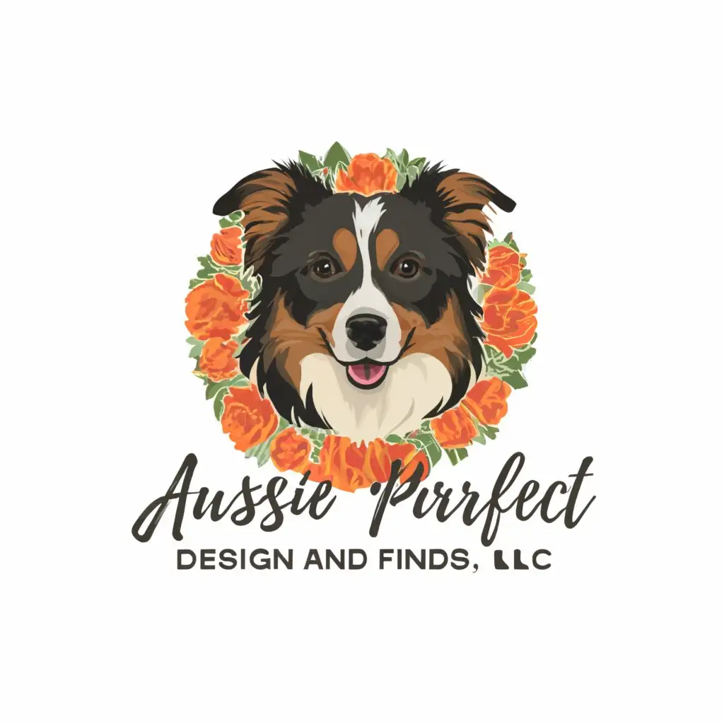 a logo design,with the text Aussie Purrfect Designs and Finds LLC, main symbol:Australian shepherd puppy floral accent modern,Moderate,be used in Animals Pets industry,clear background accurate spelling 