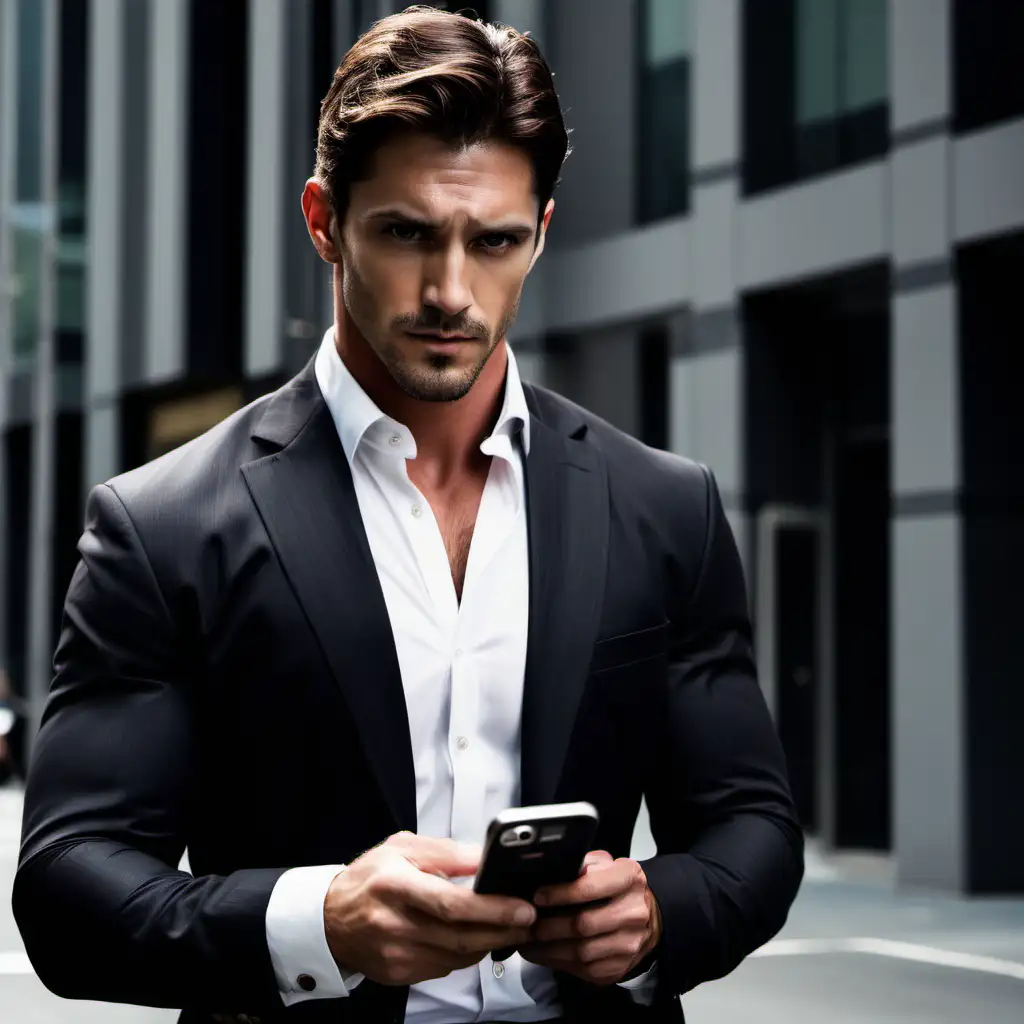 Confident Businessman in Stylish Dark Suit with Phone