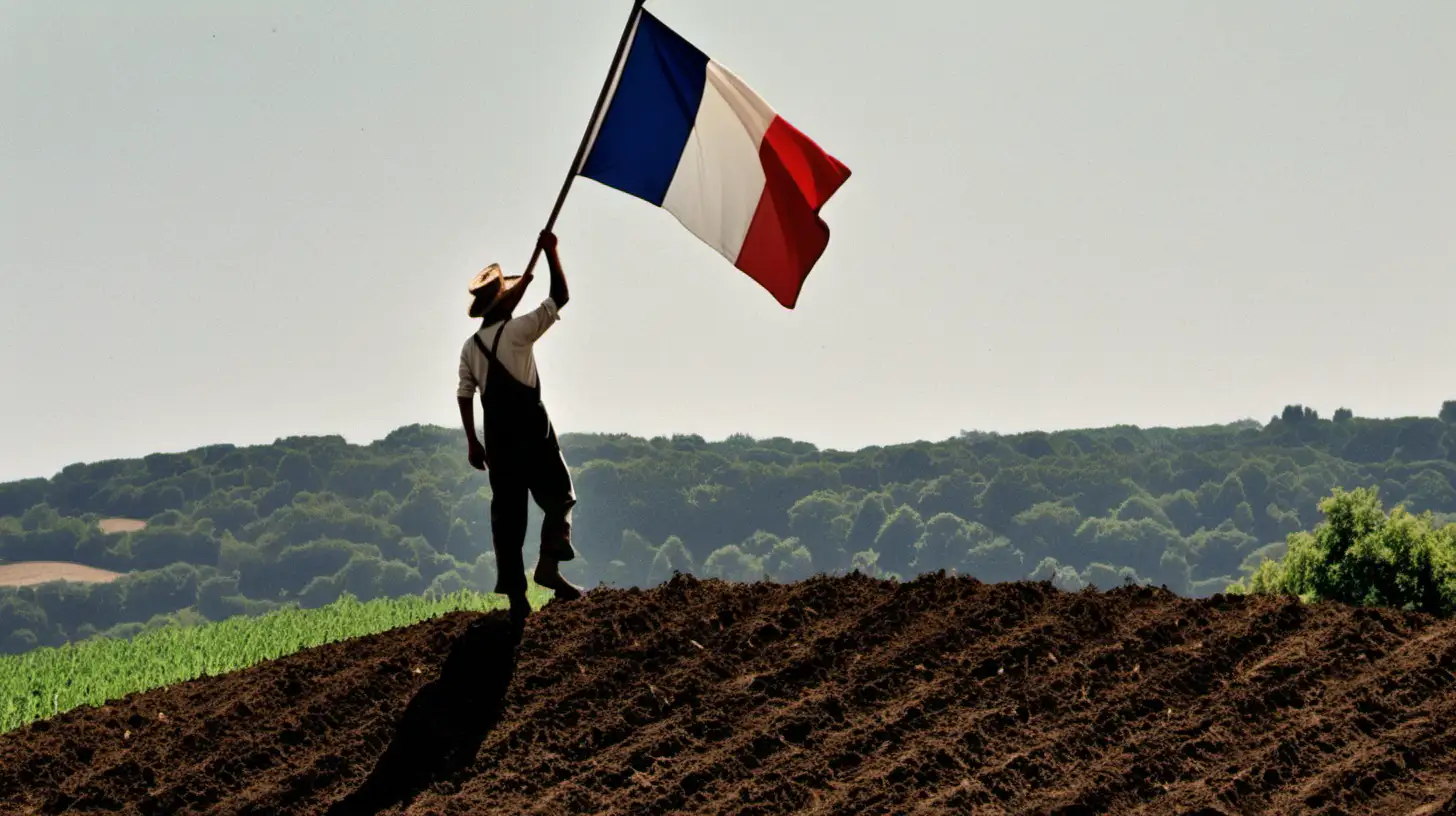 A farmer raising the French flag atop a hill overlooking their fields, embodying the hard work and dedication of those who cultivate the land to sustain the nation.