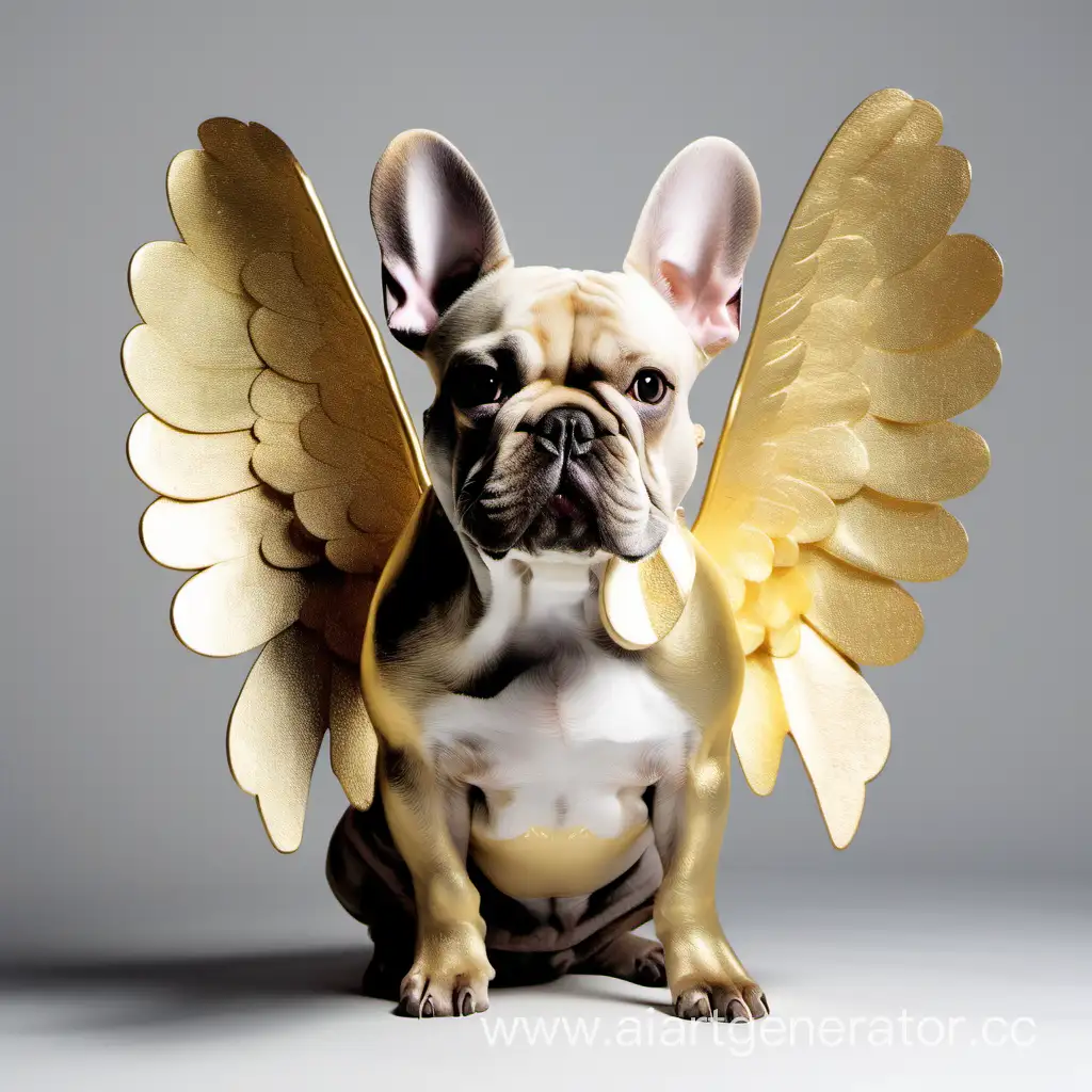 French bulldog with no eyes and golden angel wings