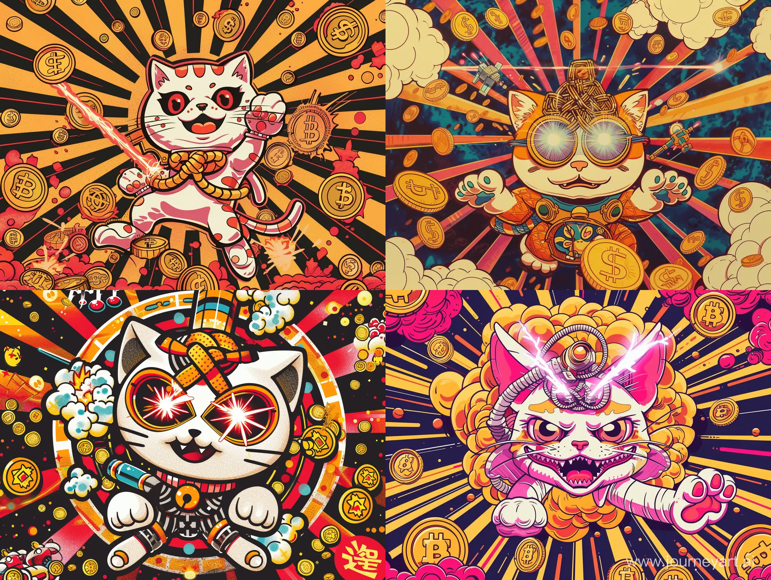 japanese mascot, Cartoon stickers in the 1980s japan,cute versions of characters, exaggerated movements, a lucky cat with a mechanical knot emits lasers in its eyes, and the background is full of gold coins, radiation background, rich details