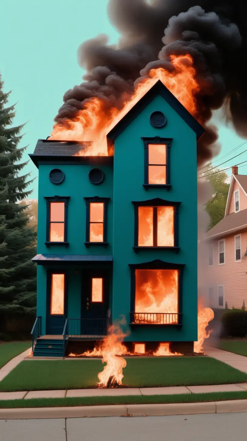 wes anderson inspired small house on fire. melting and burning down. looking at the front of the house. flames coming from windows. using peach, teal and navy. real neighborhood and trees in the background