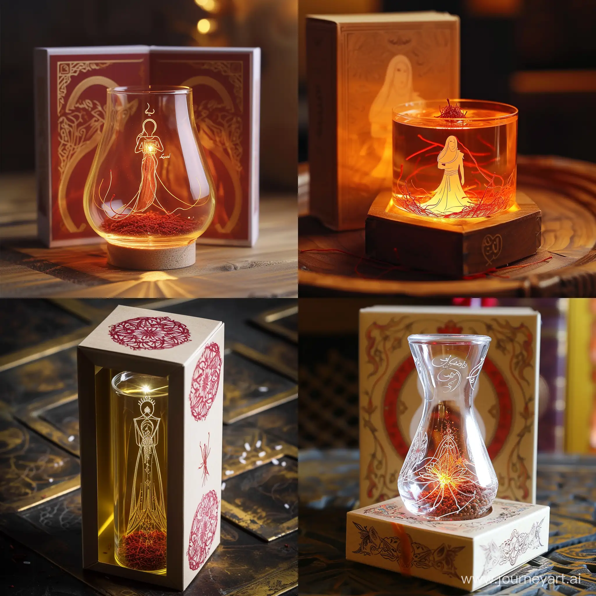 Packaging of saffron in a glass in the shape of the life glass of the movie Prince of Persia, the amazing light shines on the glass, the symbol on the box is a Sufi in a white dress, the design around the box using the symbol of the Sassanid dress. Put a very small amount of saffron inside the package