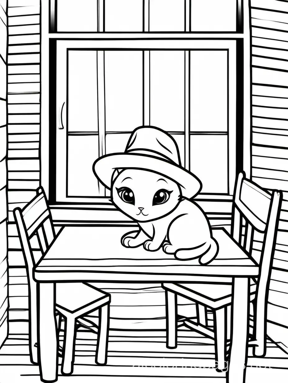 Cat-Under-Table-with-Hat-Window-and-Sun-Black-and-White-Coloring-Page