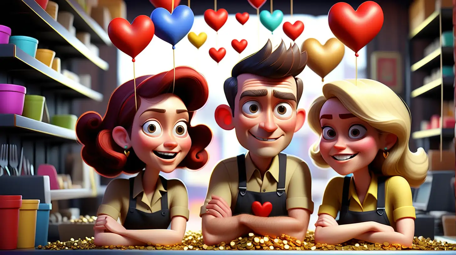 small business owners with hearts of gold, colorful, PIXAR STYLE, no watermark