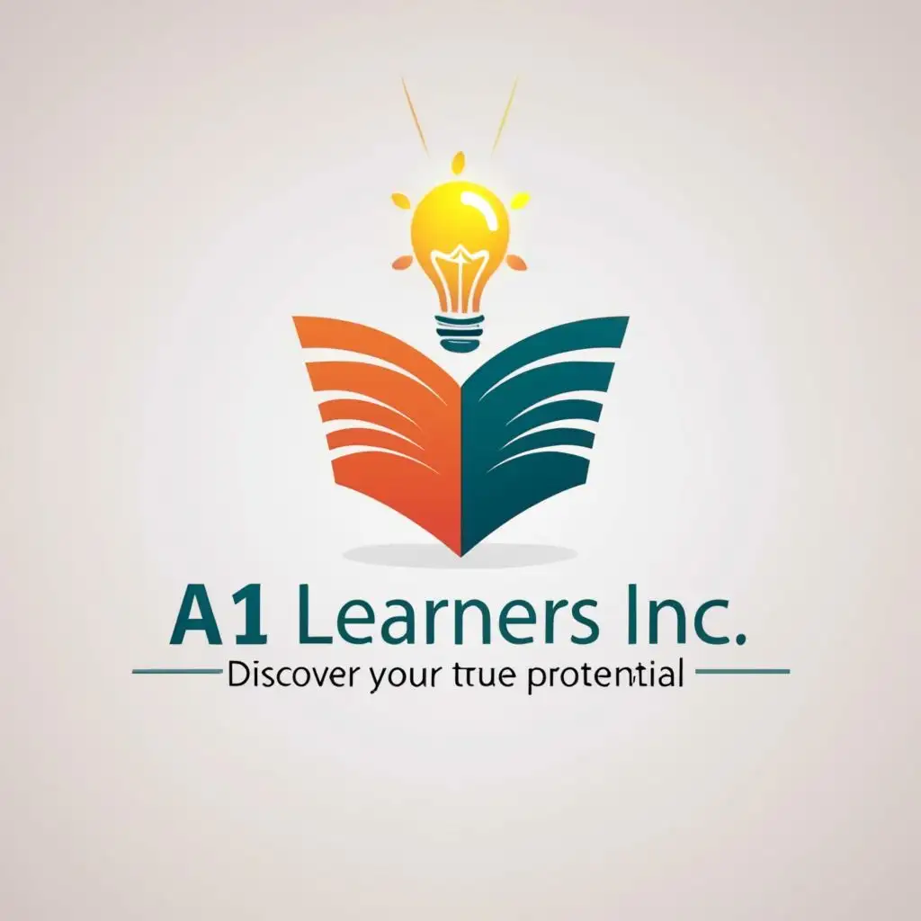 a logo design,with the text "A1 Learners Inc", main symbol:open book, lighted bulb,Moderate, be used in Education industry, clear background  Tagline  Discover Your True Learning Potential