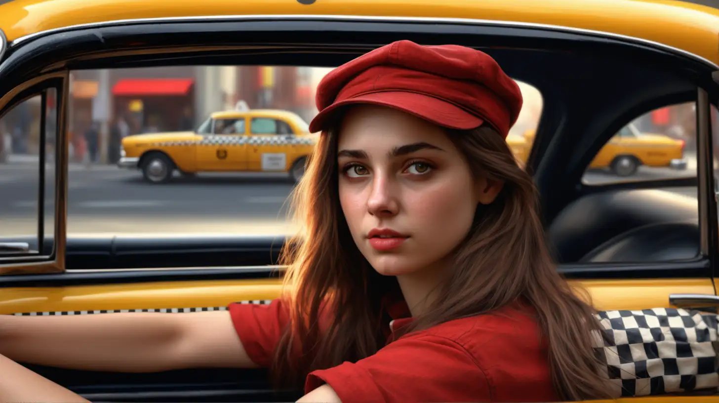 Authentic Red Taxi Driver Confident Girl in Photorealistic Scene