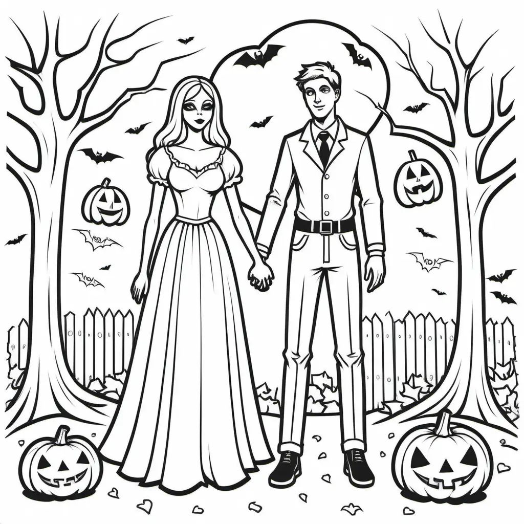 a simple black and white coloring book image of one young women and one young men in love and holding hands at halloween, for coloring