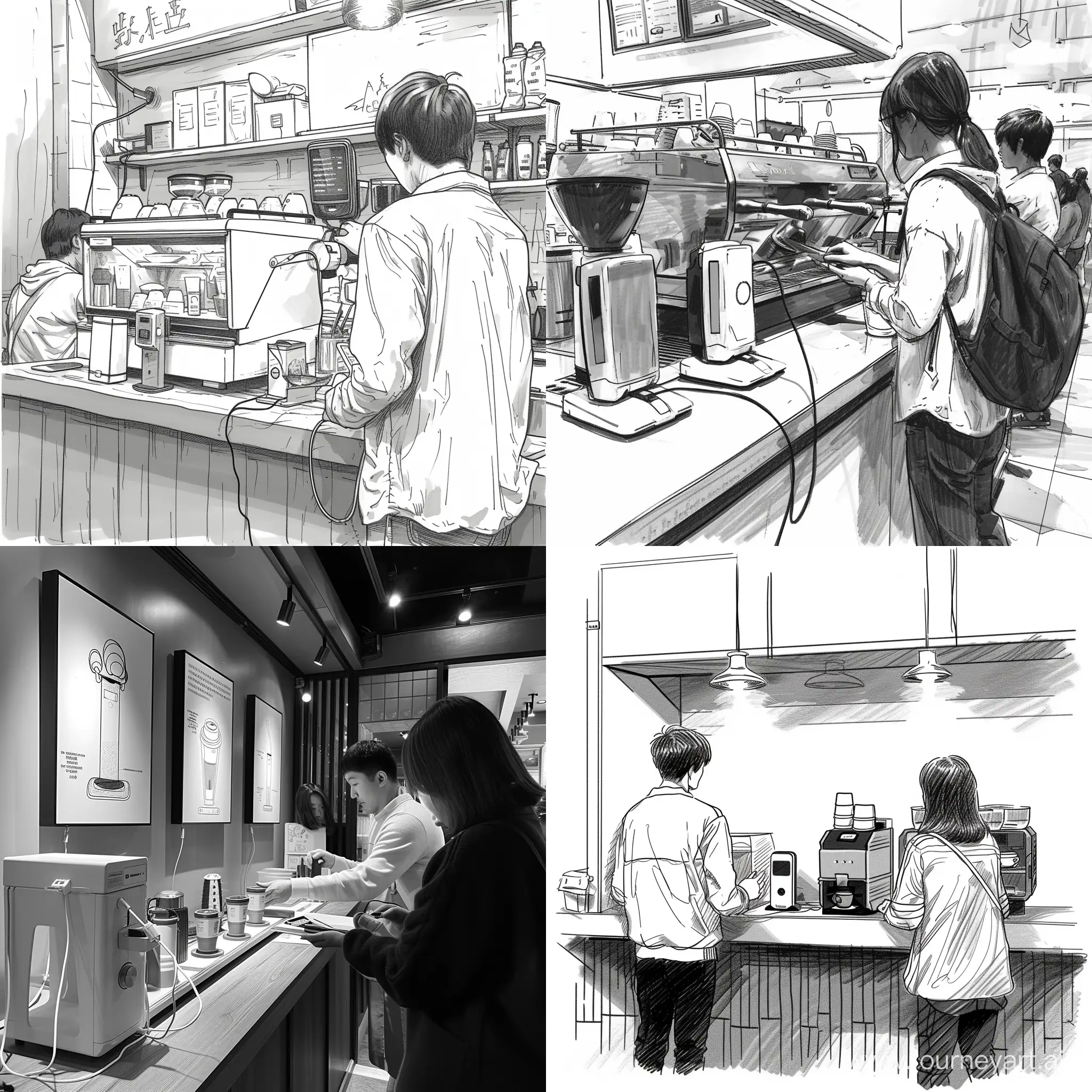 a coffee shop that has powerbank station on the counter and customer try to use it, the image be figure draw and black and white, like drawing with pencil 