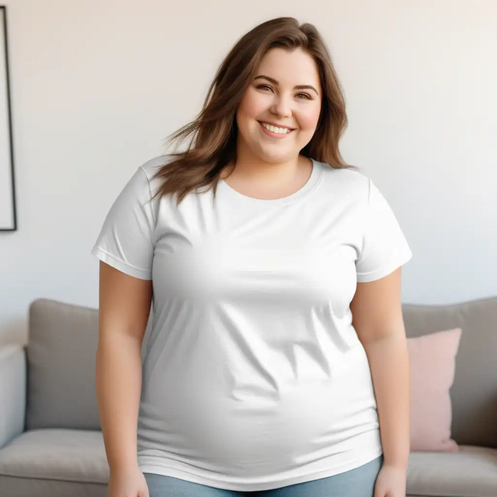 PLAIN white T-SHIRT, bella 3000 mock-up photo, woman medium length hair,  chubby, smiling
BACKGROUND ,living room,color 
