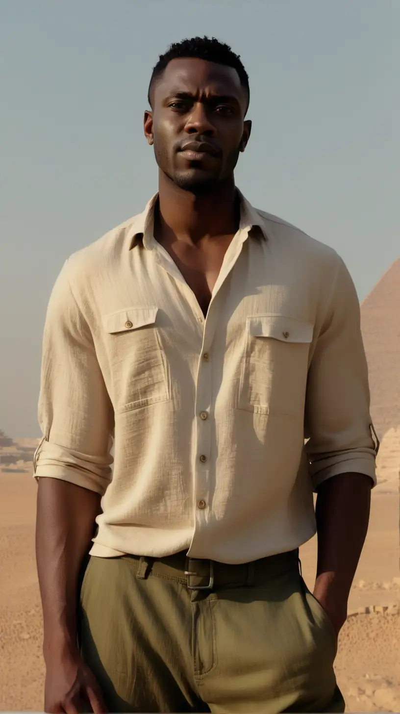 Handsome Black man, wearing  Beige Linen knit Casual button front shirt, wearing Olive cargo pants, close up, standing in front of The Sphinx in Egypt Break of Dawn sky in the distance Ultra 4k, high definition, 1080p resolution, lighting is volumetric