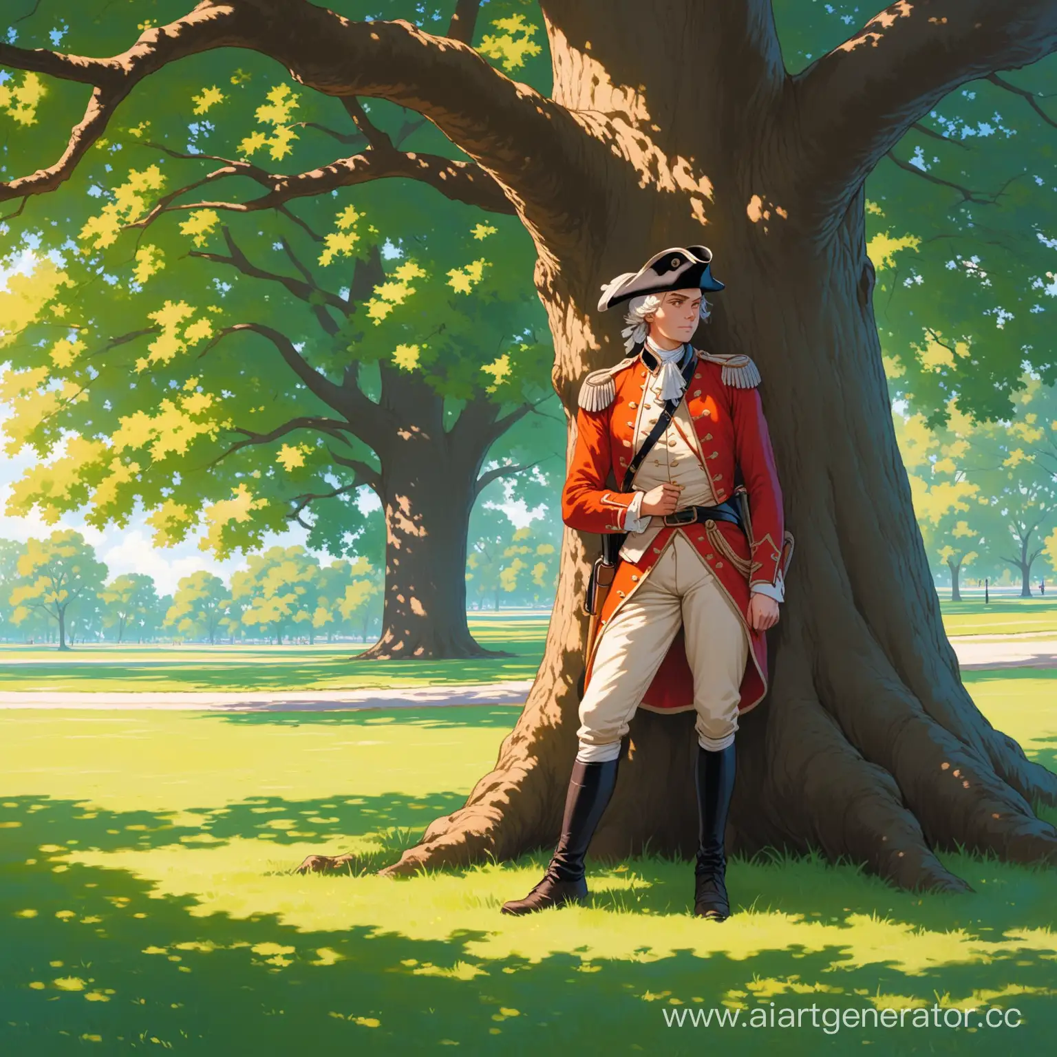 военный из 1772 года облокотился на дуб в парке сзади трава