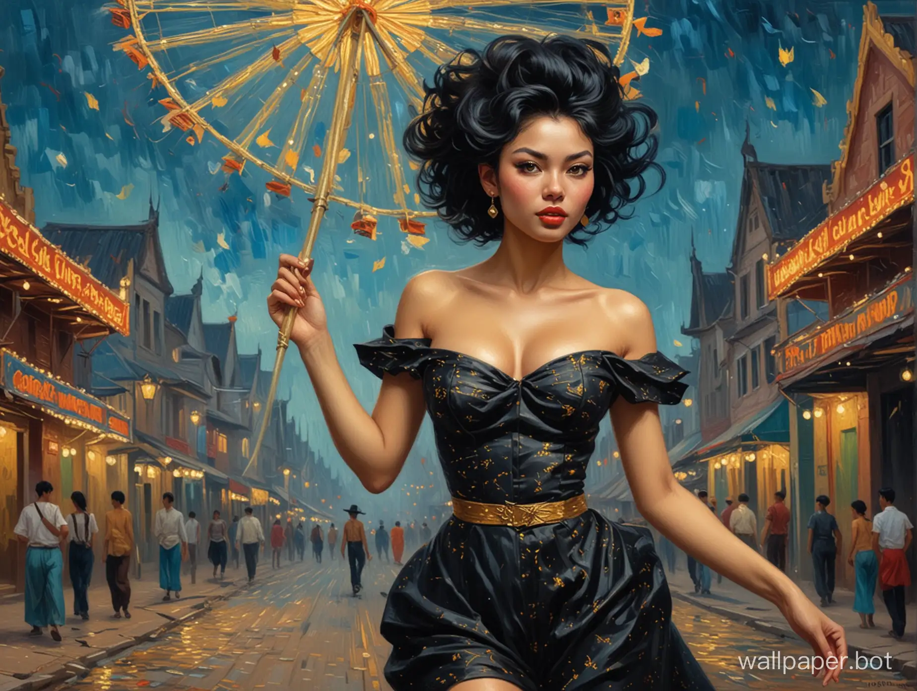 She is a Cambodian slot and slick as the cat with nothing on just her orbit walking on the wild side at the carnival, her wide hips and narrow waistline, black hair flying on the wind, style of Vincent van Gogh romantic mood